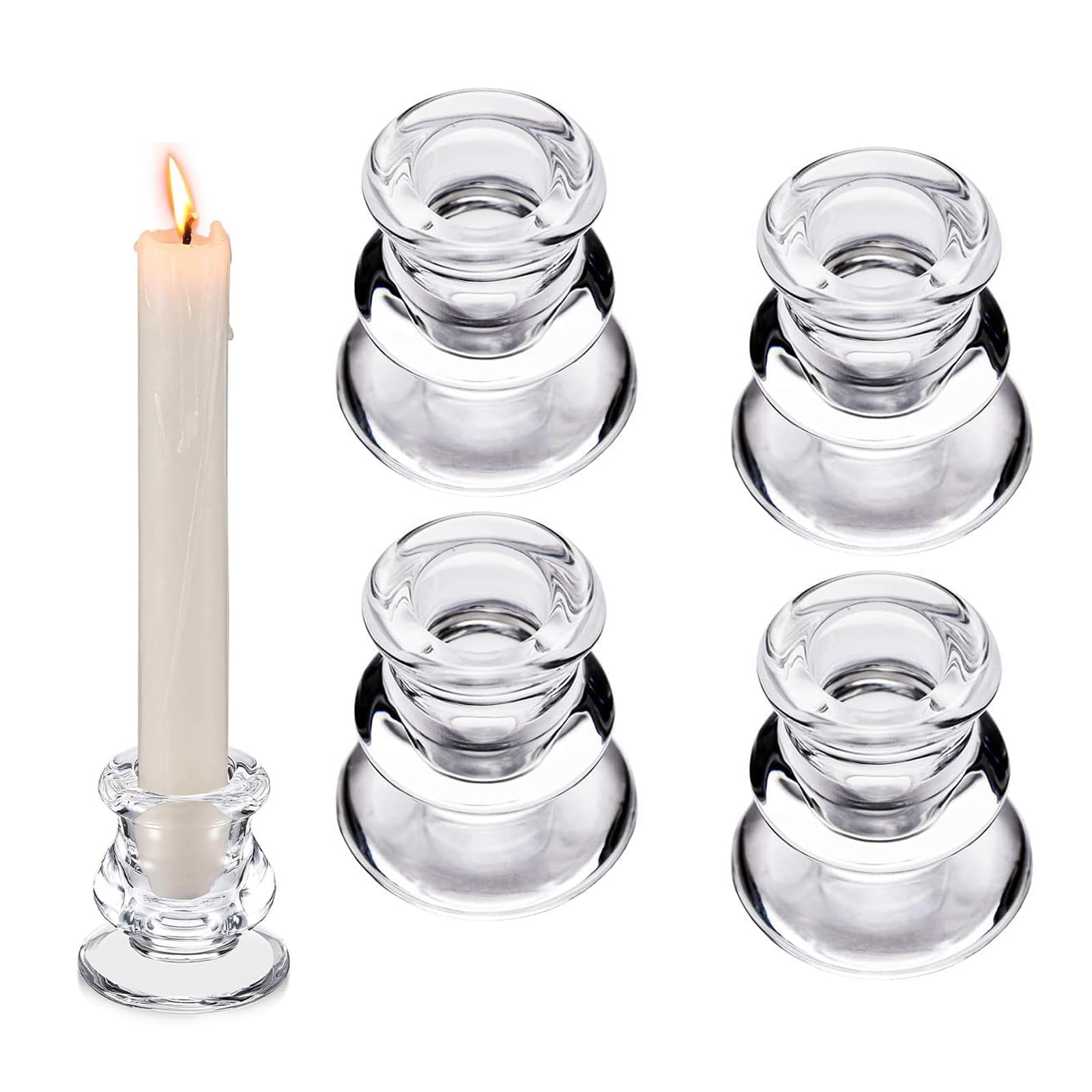 BIGTHREE Clear Glass Candlestick Holders, Set of 4 Round Candle Holders, Thick Glass Candlestick Holders Bulk for Table Centerpiece Wedding Party Advent Christmas Home Decorations