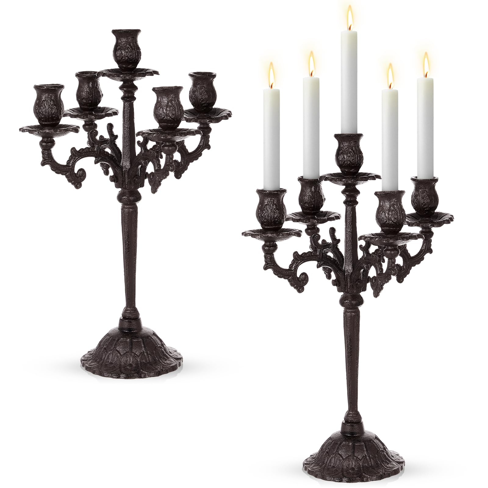 Mumufy 2 Pcs 5 Arm Black Candelabra 16.7" Tall Cast Iron Candlestick Holders Vintage Gothic Candles Holder Stand Decorative Table Centerpieces for Halloween Wedding Christmas Birthday Home Party