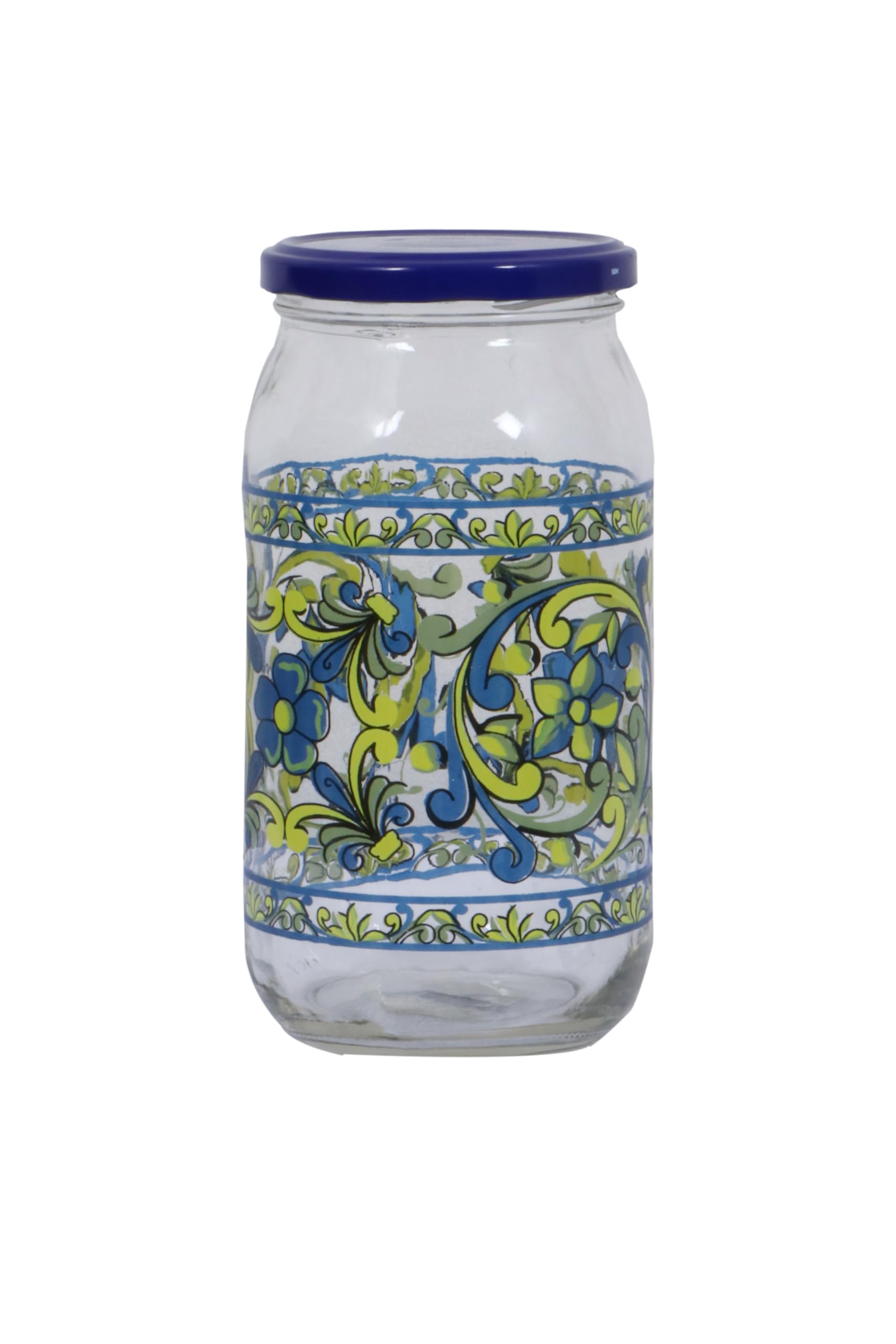 Zinnia,Spanish,Glass Jar,1 L,Blue Lid,Modern decorated colore.