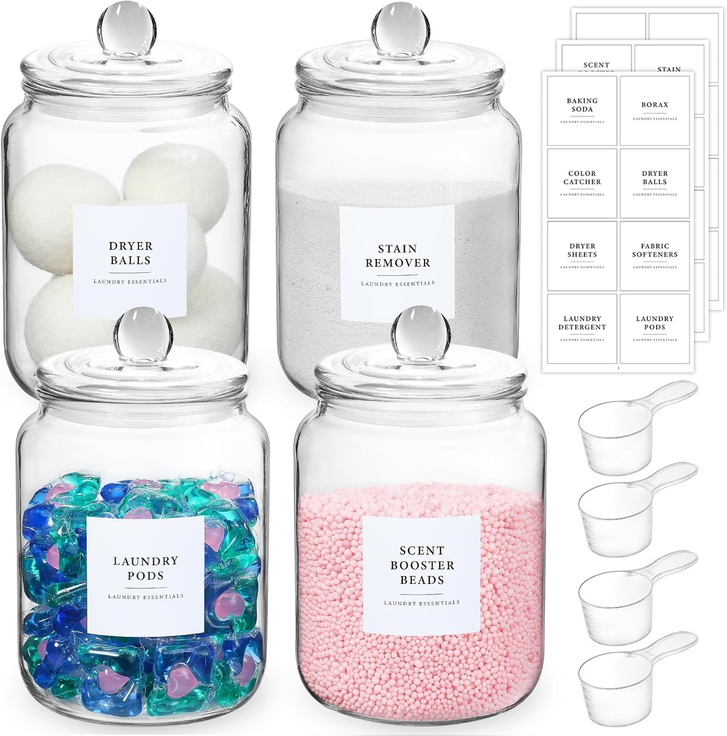 Glass Jars, Airtight Half Gallon Glass Containers with Lids and Labels for Laundry Room Organization Storage Laundry Detergent Pods Scent Booster Beads with 4 Measuring Spoons