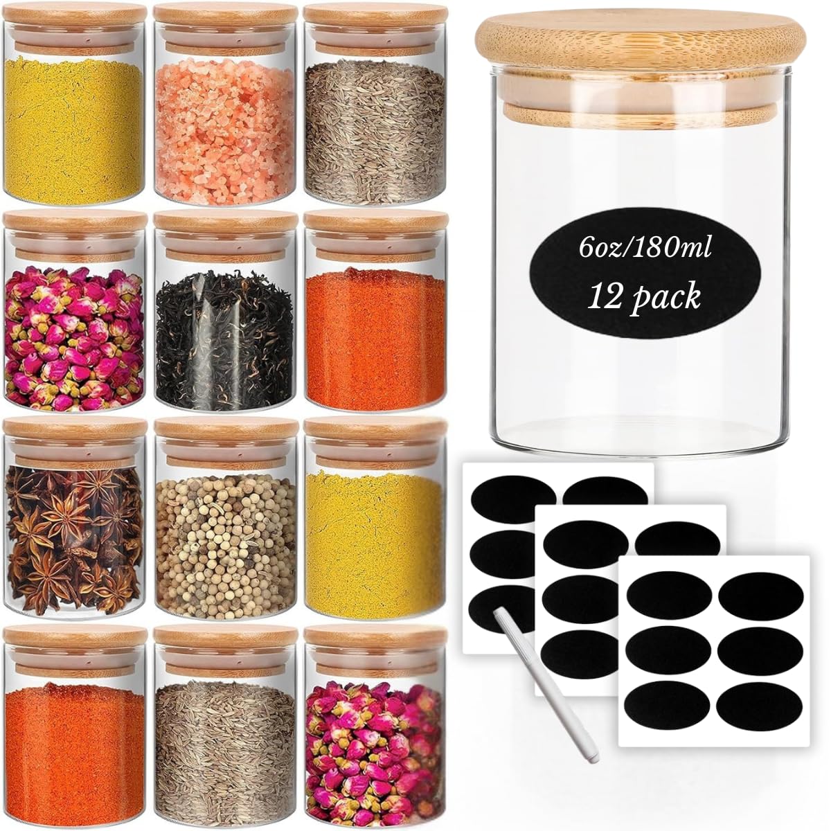 CLOUDFOUR 12 Glass Spice Storage Jar with Bamboo Lids & Labels, 6oz Spice Container Bottle for Tea, Coffee, Cookie, Food Storage Small Containers for Home Kitchen, Cabinet Drawer & Pantry Organizers