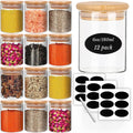 CLOUDFOUR 12 Glass Spice Storage Jar with Bamboo Lids & Labels, 6oz Spice Container Bottle for Tea, Coffee, Cookie, Food Storage Small Containers for Home Kitchen, Cabinet Drawer & Pantry Organizers