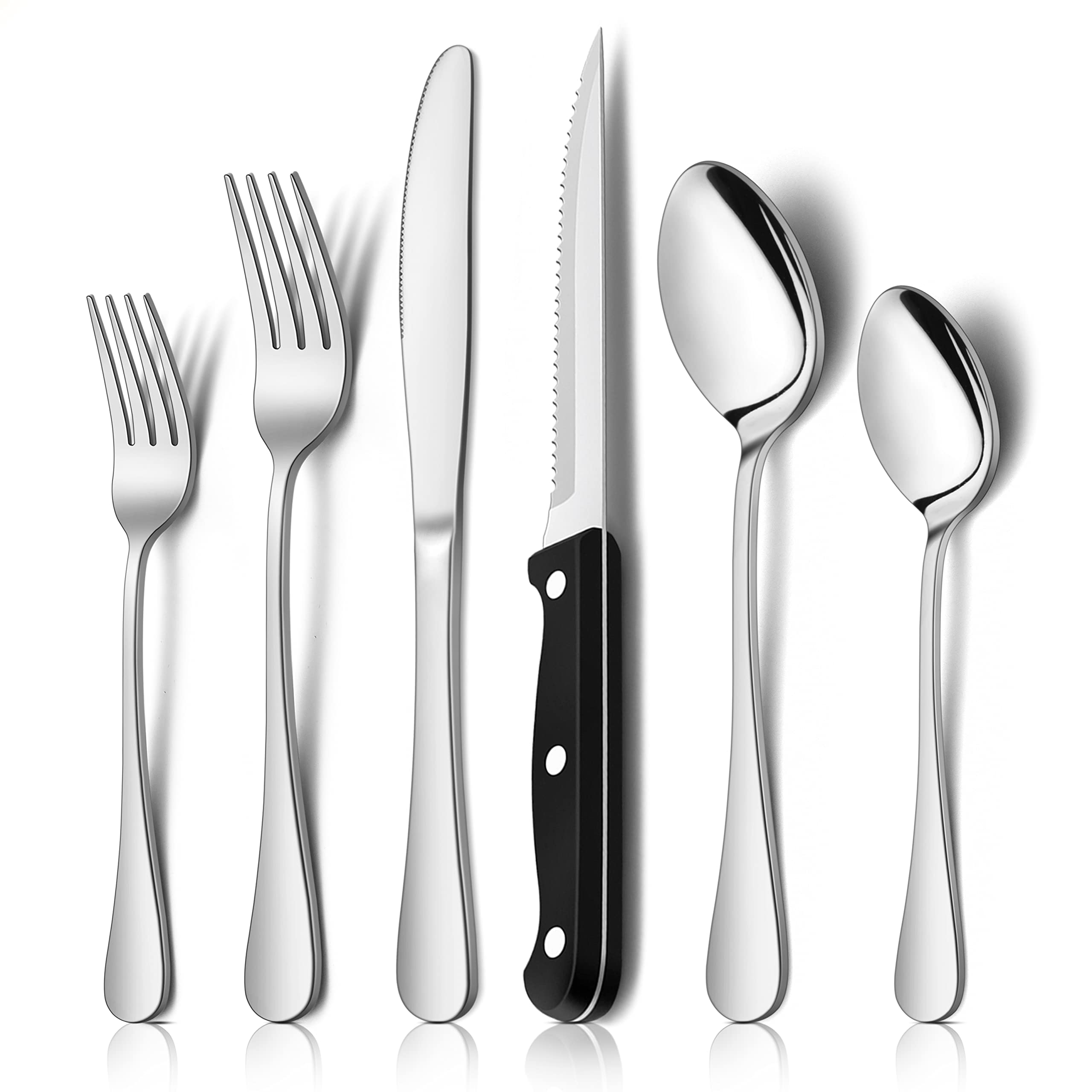 E-far Flatware Set of 24, Stainless Steel Silverware Cutlery Set for 4, Dinner Eating Utensils Include Soup Spoons Salad Forks Steaks Knives, Simple Design & Mirror Finish, Dishwasher Safe
