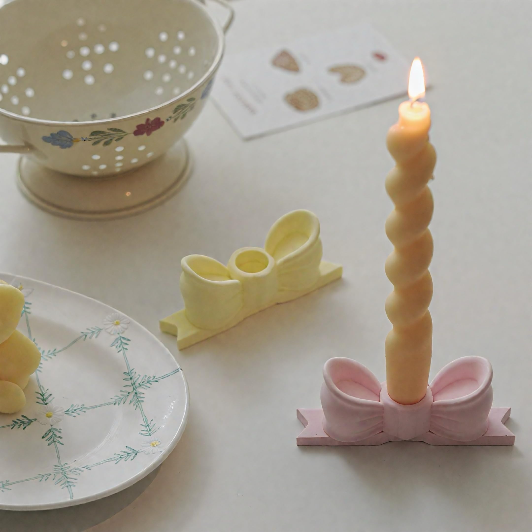 Creative Bow Candle Holder Tall Plaster Ins Home Decor Gift -5.12" L x 1.97" W,Yellow