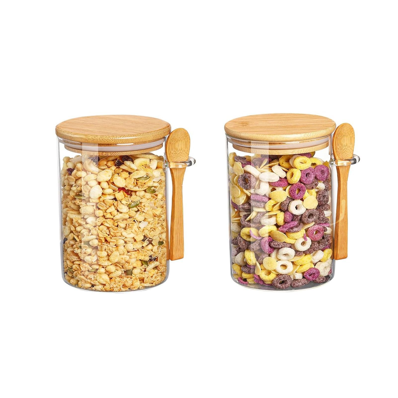 2 Pack Glass Jars with Bamboo Airtight Lid and Spoons, Clear Sugar Container Glass Storage Containers with Lids Food Glass Canisters with Airtight Lids for Coffee Beans Tea Flour Nuts,18oz