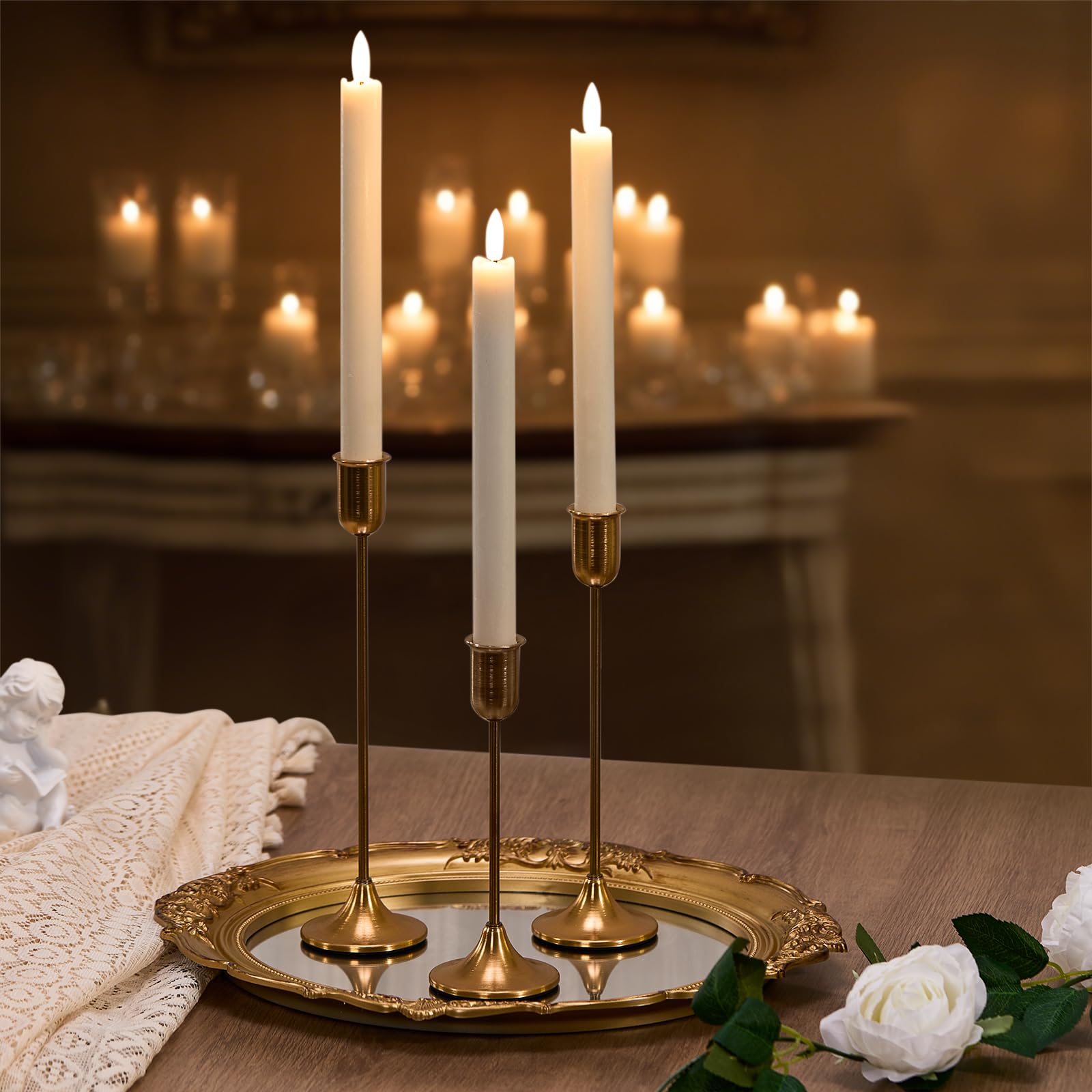 Gold Candlestick Holders Set of 3 - Vintage Modern Taper Candle Holders for Table Centerpiece, Fireplace Mantel, Weddings & Housewarming Décor with Gift Box