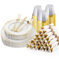 Jaffiust 175PCS Gold Plastic Plates for 25 Guests, Disposable Dinnerware Sets Include 50 Gold Rim Plastic Plates, 25 Silverwares and 25 Cups, 25 Pre Rolled Napkins for Party, Wedding