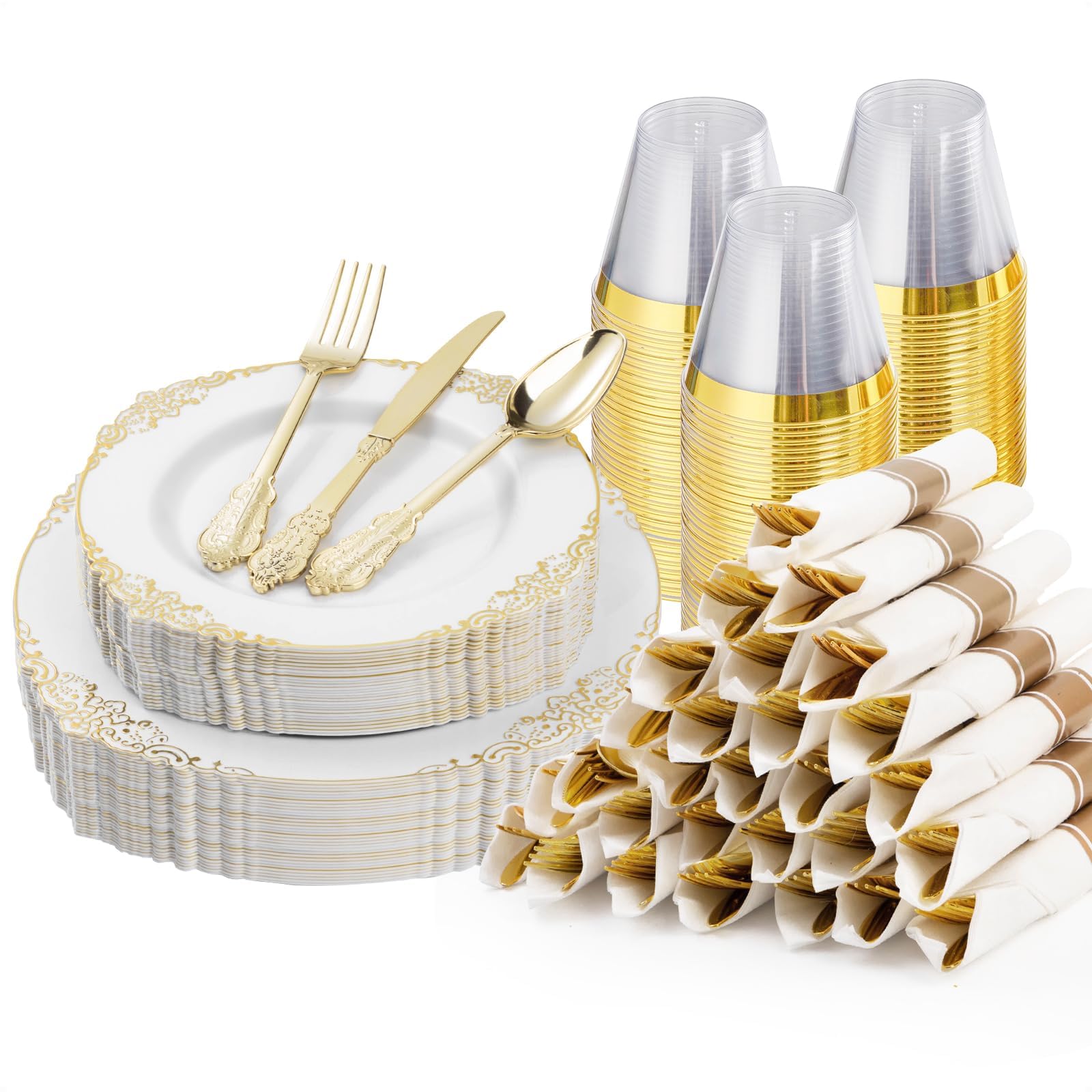 Jaffiust 175PCS Gold Plastic Plates for 25 Guests, Disposable Dinnerware Sets Include 50 Gold Rim Plastic Plates, 25 Silverwares and 25 Cups, 25 Pre Rolled Napkins for Party, Wedding