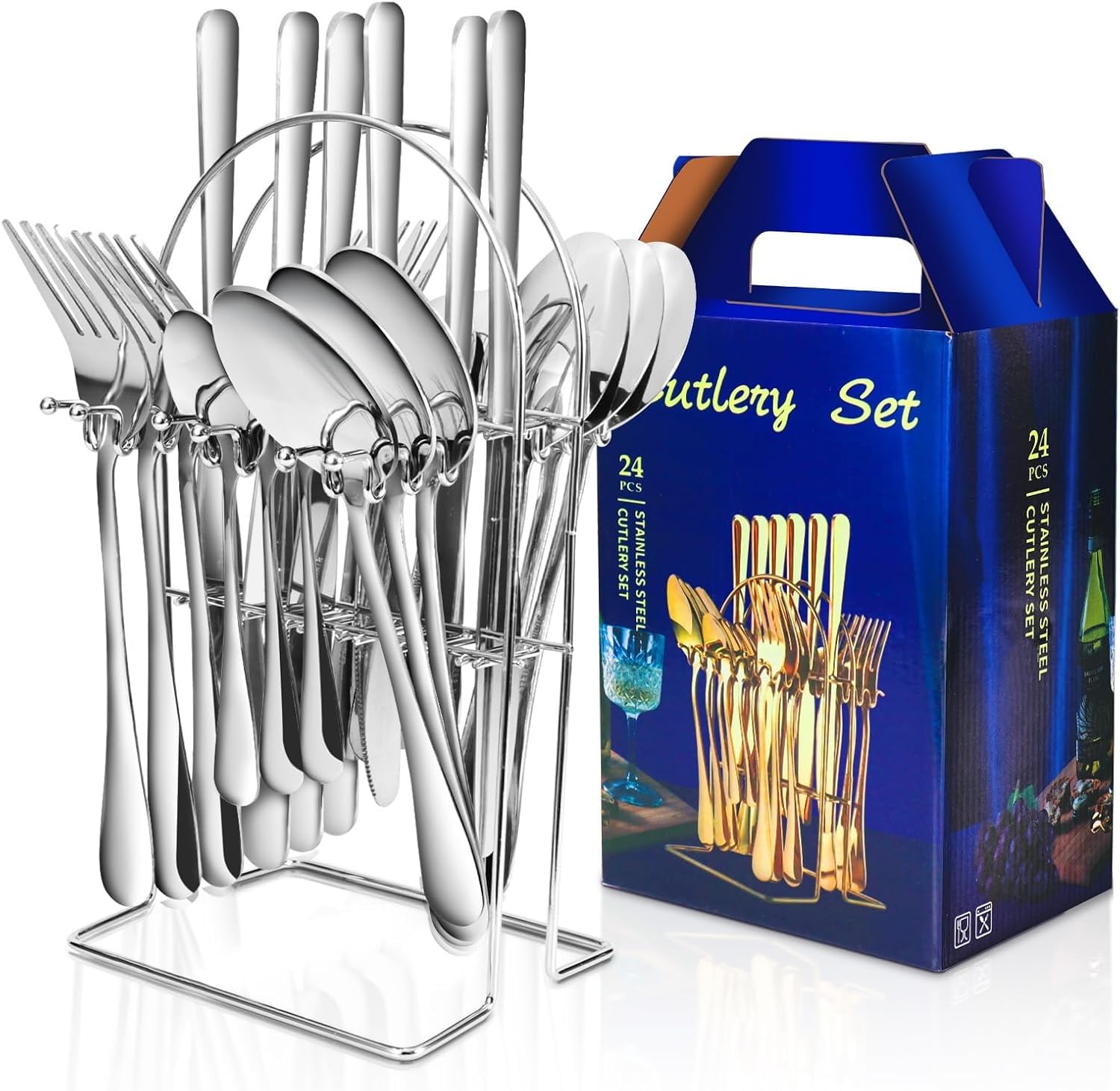 LIMOS 24-Piece Cutlery Set with Holder Stand, Premium Stainless Steel Flatware Set for 6, Dishwasher Safe Silverware Set with Knife Fork Spoon, Mirror Finish Tableware for Home, Restaurant, Hotel