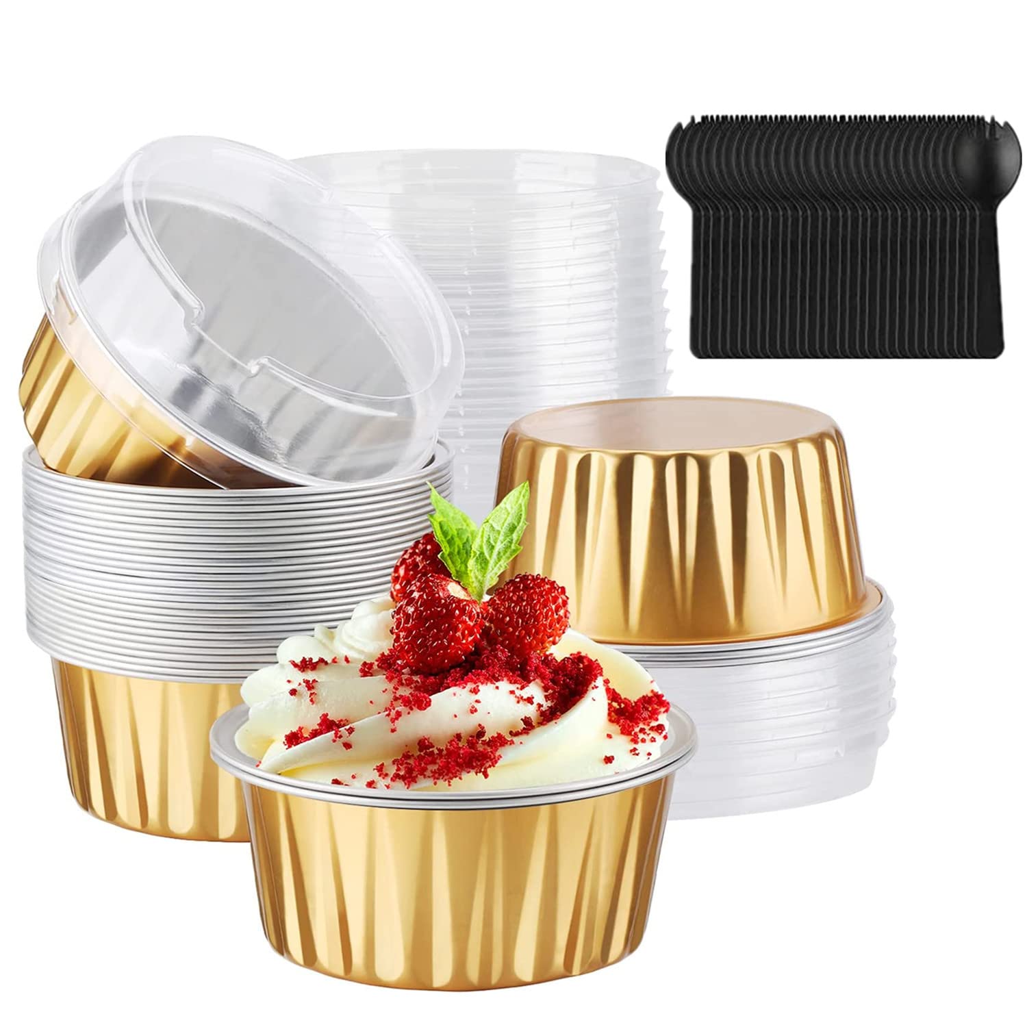 50 Pcs Aluminum Foil Loaf Pans,Bread Pans with Lids and Spoons,Disposable Baking Pans Loaf Baking Cups Ramekins Dessert Bakeware Pans Containers for Cheese Cake Creme (Circular)