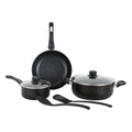 Royalford Cookware Set Elite RF12622 Durable 7pc Cooking Set Non-stick Stewpots 24/26cm+lids Saucepan 16cm frypan 24cm Aluminium Cookware Pots and Pan Black