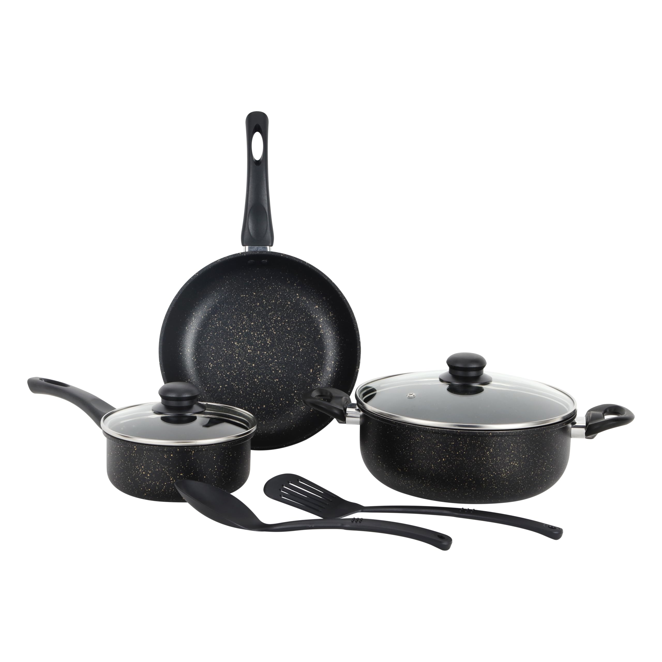 Royalford Cookware Set Elite RF12622 Durable 7pc Cooking Set Non-stick Stewpots 24/26cm+lids Saucepan 16cm frypan 24cm Aluminium Cookware Pots and Pan Black