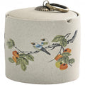 Ceramic Ashtray with Lid Small - Retro Table Ashtray with Copper Handle, 3 Cigarette Hollows, Bird Branch Motif, Compact for Home & Travel, Diameter 7.9 cm