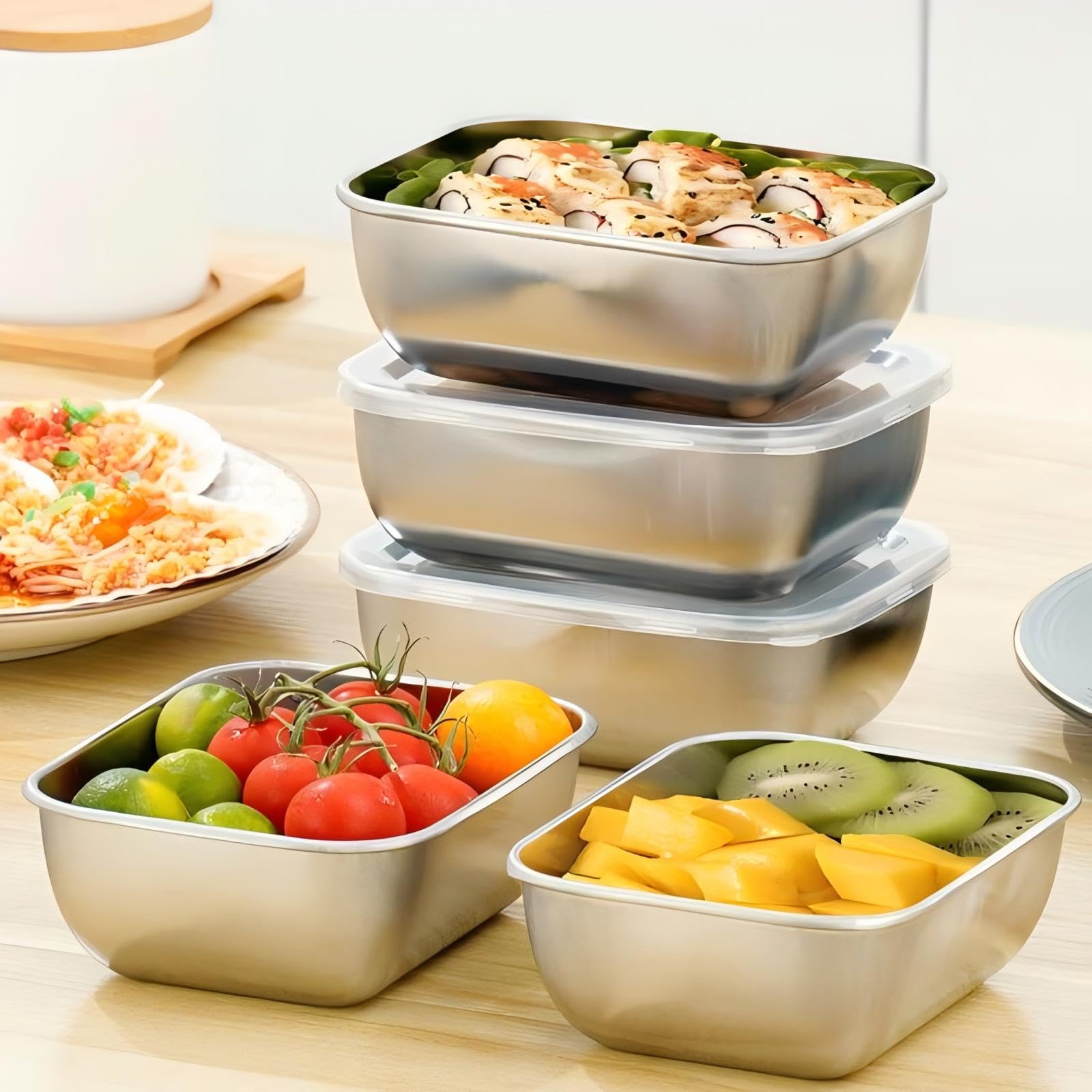 Stainless Steel Storage Containers with Lids, Fruit Storage Containers Lunch Box Stackable Meal Prep Boxes for Kitchen, Pantry, Freezer, Snacks, Leftovers and Daily Use
