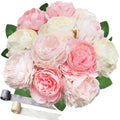 SnailGarden 12 Head Artificial Peony Flowers, 3 Colors, Silk Peony Pink with 2Pcs Satin Ribbon and 1Pcs Greeting Card, Peonies Bouquet for Wedding Party, Home Office Table Arrangements, Festival Gift