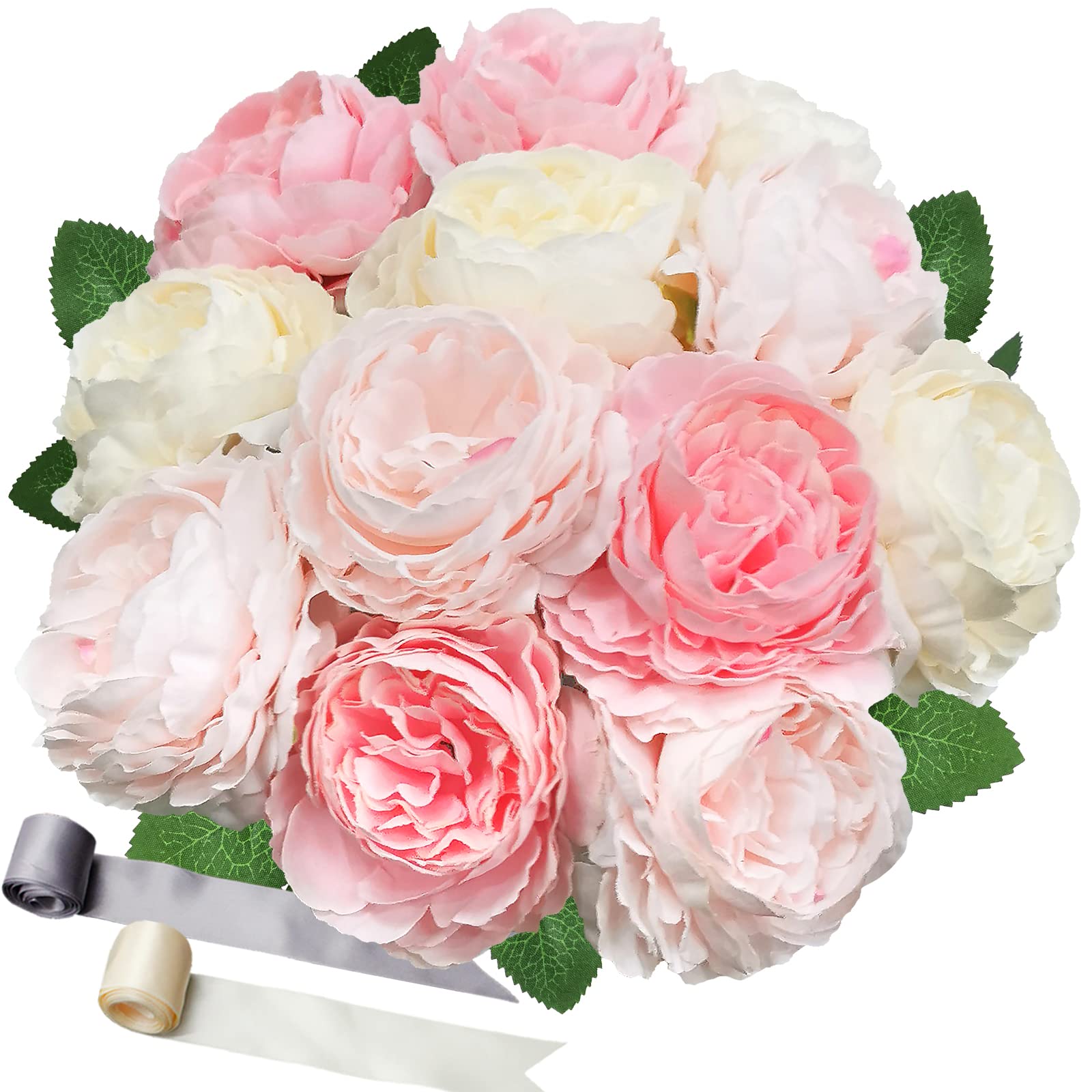 SnailGarden 12 Head Artificial Peony Flowers, 3 Colors, Silk Peony Pink with 2Pcs Satin Ribbon and 1Pcs Greeting Card, Peonies Bouquet for Wedding Party, Home Office Table Arrangements, Festival Gift