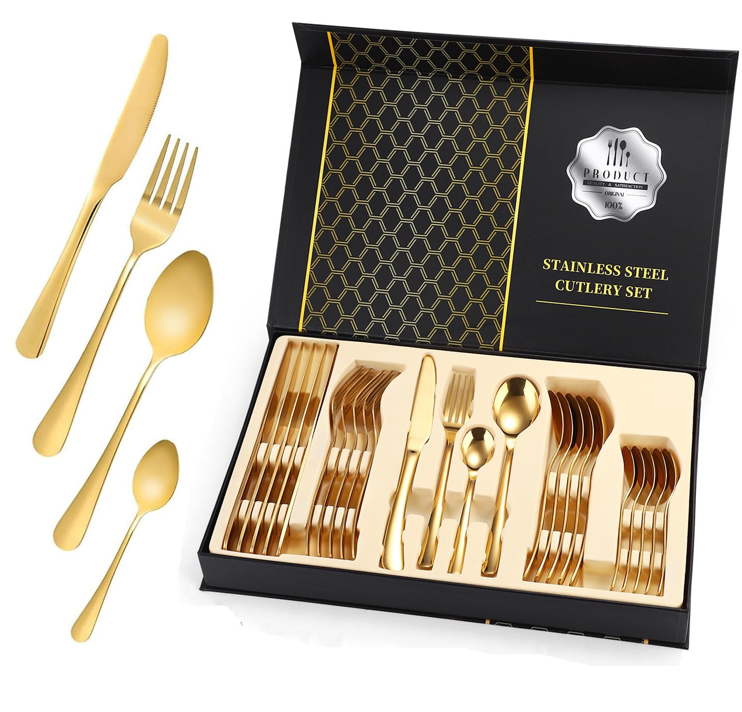 EETU 24-Pieces Goldenware Flatware cutlery Set with Gift Box,Stainless Steel Utensils set for 6,Includes Forks Spoons Knives,Mirror Polished Tableware Set for Home and kitchen,Dishwasher Safe (Gold)