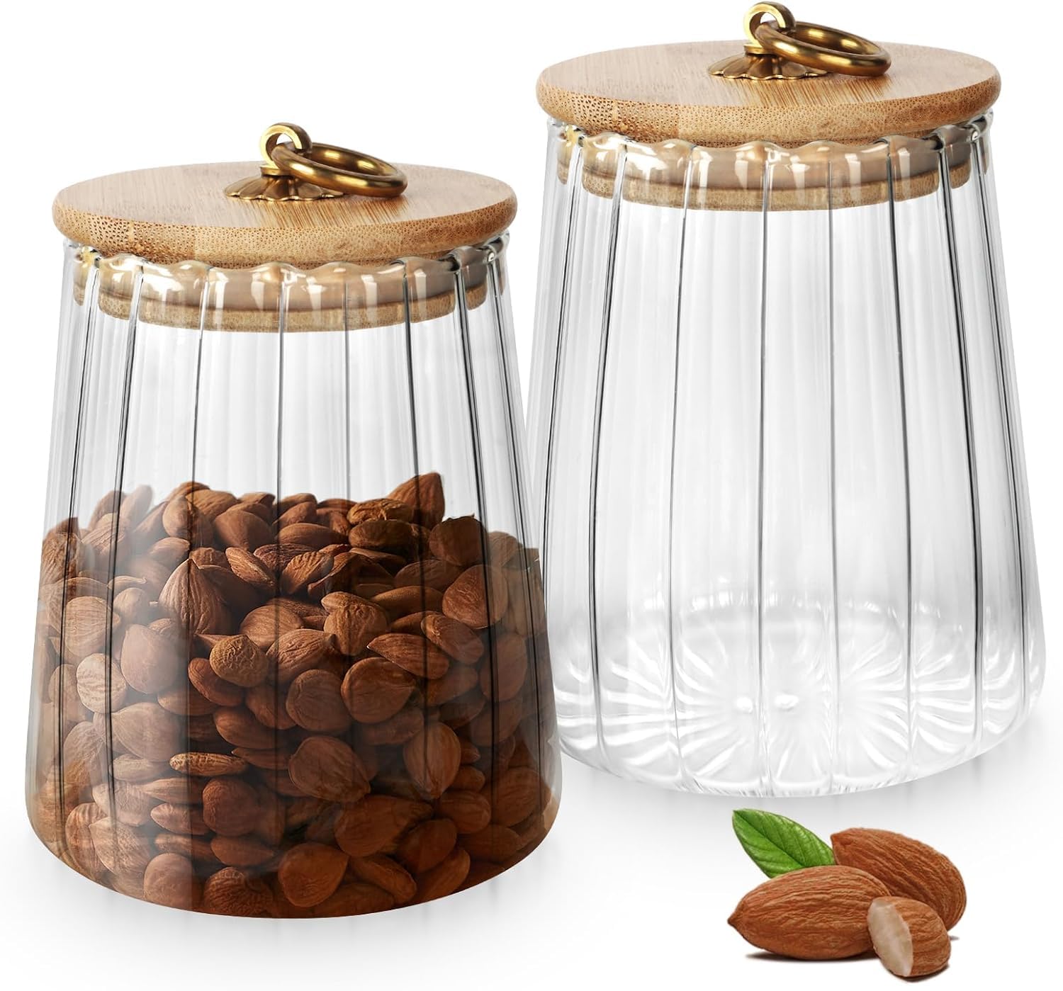 Azonee 2 Pack Glass Storage Jars with Airtight Bamboo Lid and Metal Handle, Tea, Coffee, Sugar Canisters for Kitchen Storage, Decorative Food Storage Containers, 650ML Conical Jars for Pantry