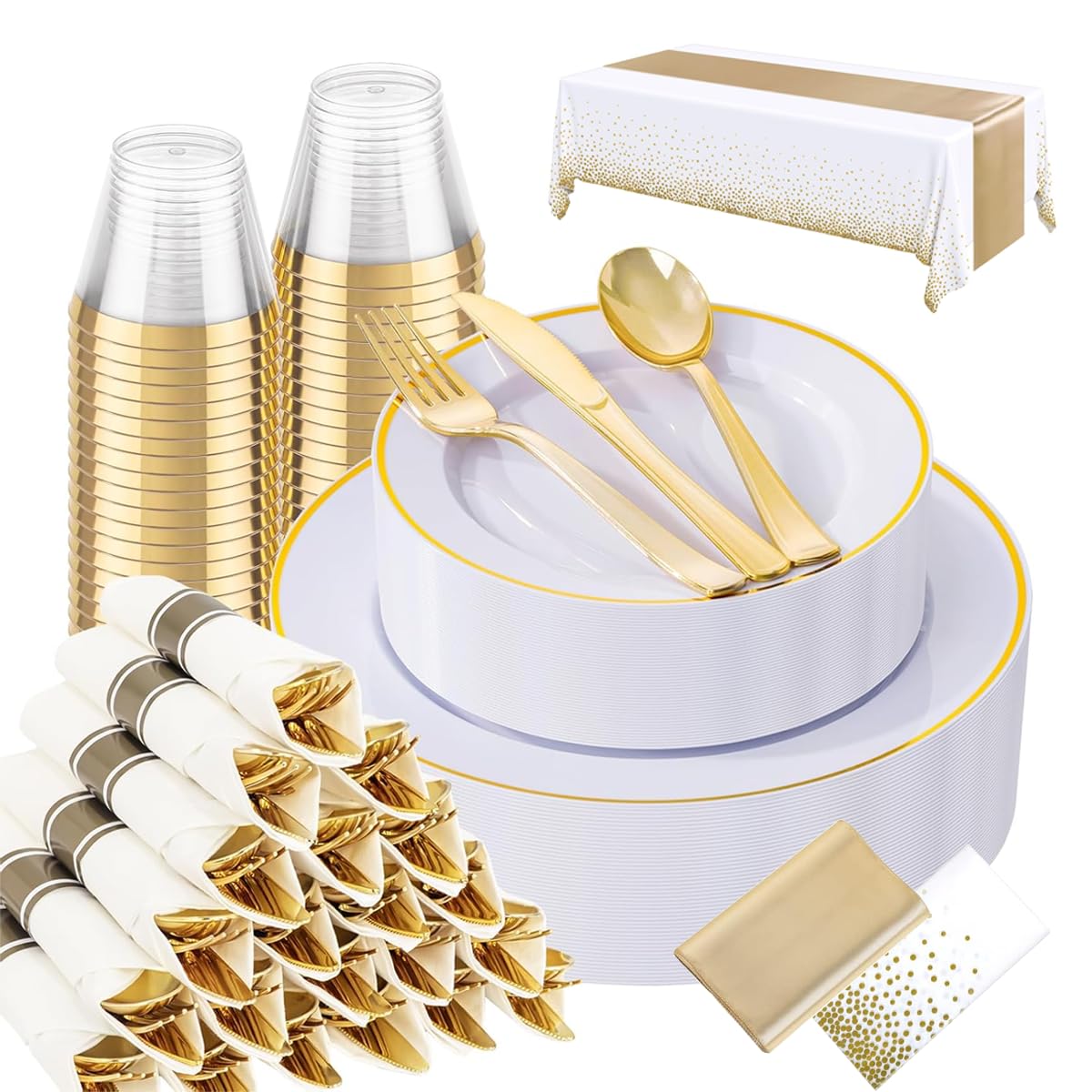 71 Pcs Plastic Disposable Dinnerware Party Tableware Set, 10 Guests Cutlery Party Supplies with Plate Spoon Fork Knife Cup Napkin Tablecloth for Weddings Birthday Anniversary Gathering (Gold)