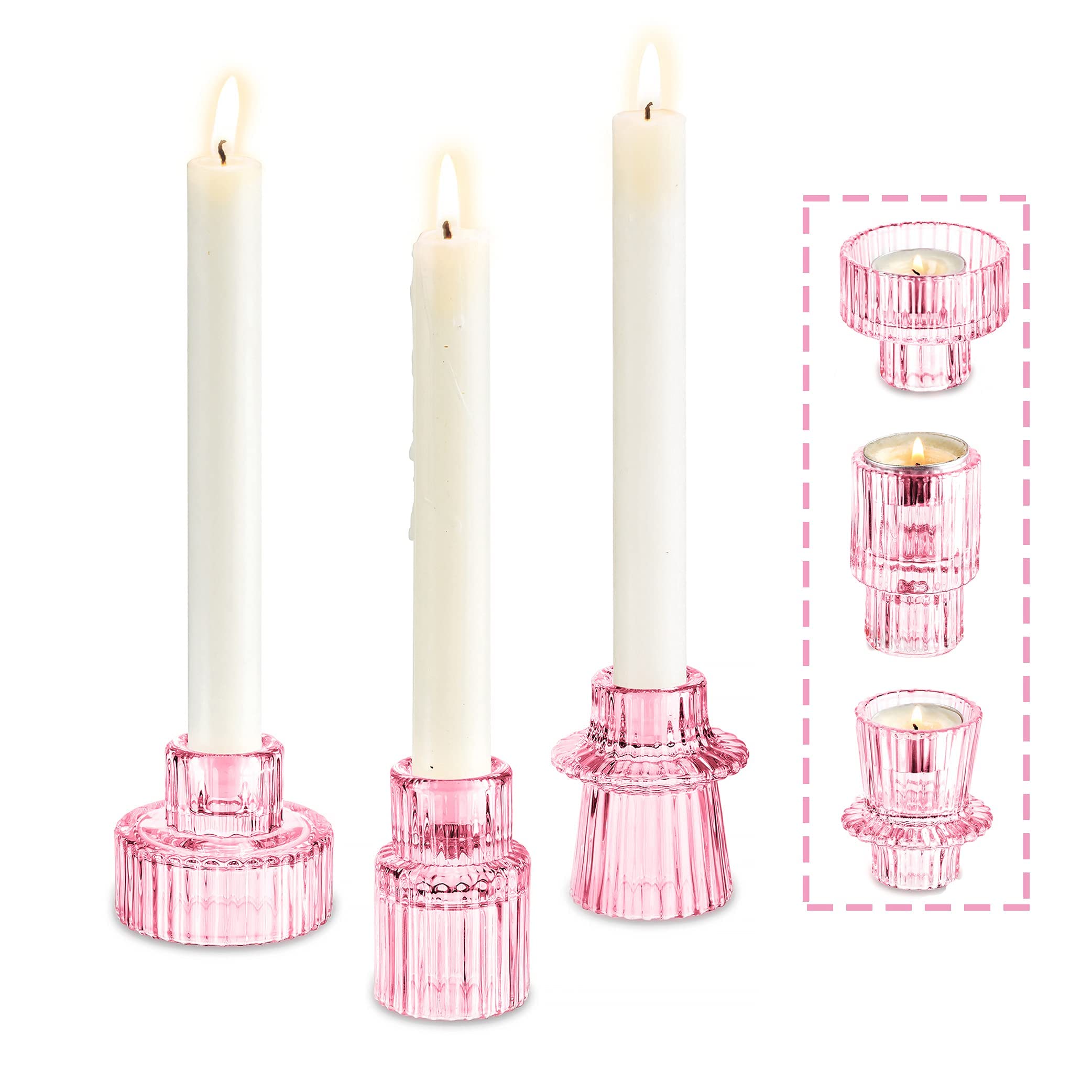 Diwali Festival Tea light Candle Holder 2-in-1 Candlestick - Pink Crystal Glass Decorative Candleholder for Taper/Tea light Candles, Home Decor Dinning Table Centerpiece for Wedding Party, Set of 3