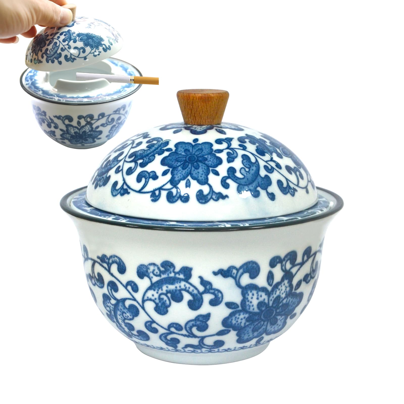 Ceramic Ashtray with Lid, Ashtray for Outdoors, Wind Ashtray, Blue and White, Porcelain for Outdoor and Interior Decoration, Home Office Decoration (12.4 x 11.5 x 6.7 cm)