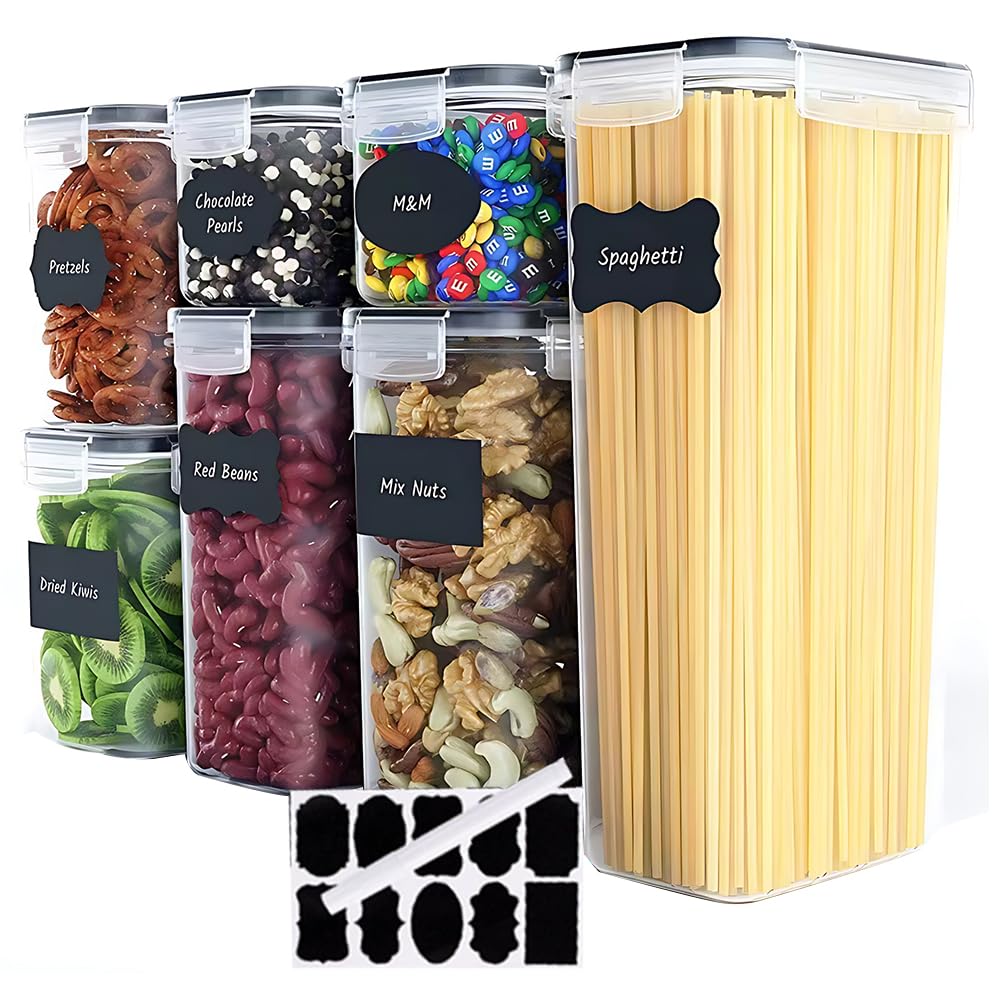 Uoexziyi Airtight Food Storage Containers Set,7 Pcs Kitchen & Pantry Containers with Lock Lids,BPA Free Tanks with Stickers and Marker for Flour,Cereal,Spaghetti and Sugar(Clear)