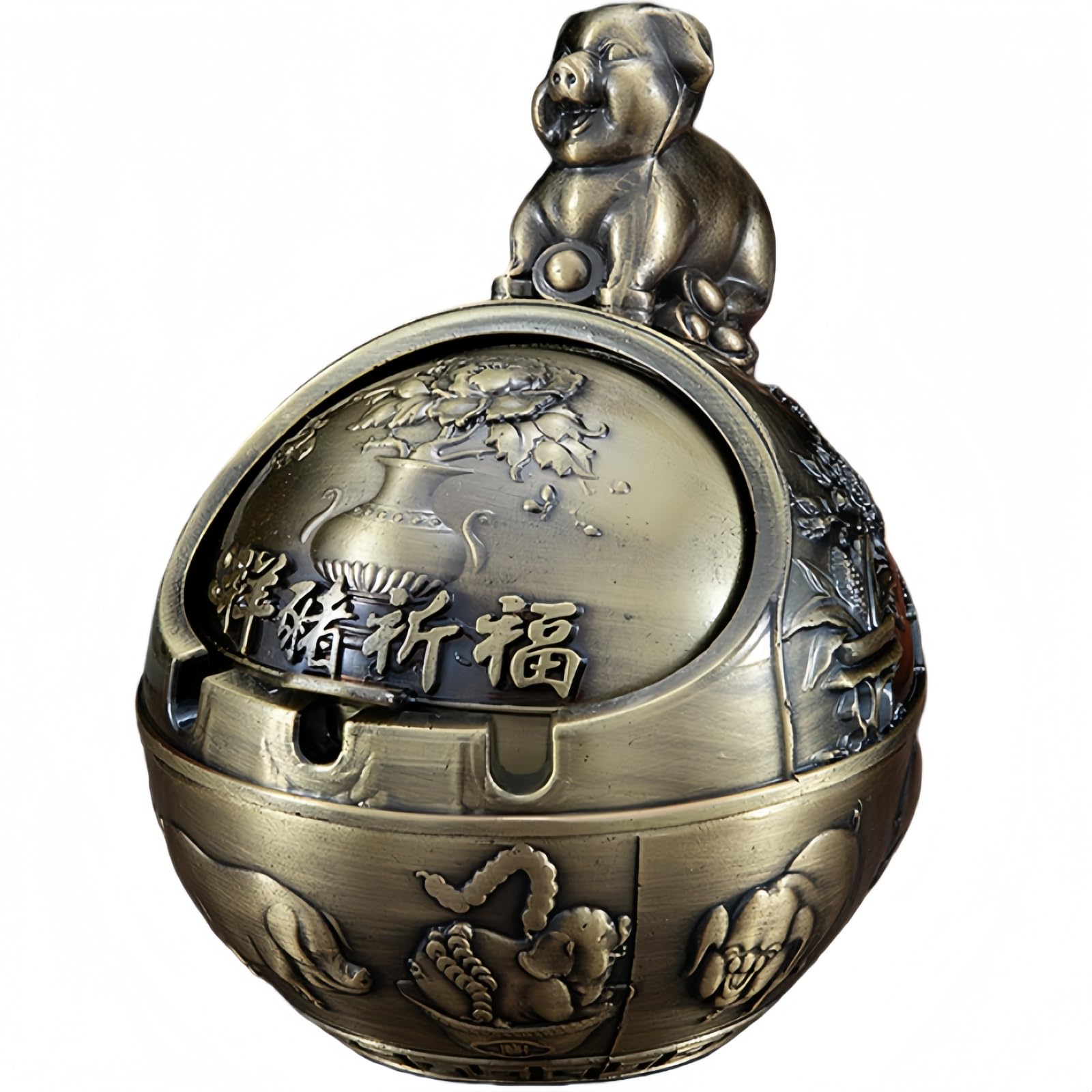 Metal Ashtray - 12 Designs to Choose From (Chinese Zodiac) - Windproof Ashtray with Antique Lid Decor for Living Room, Office & Gift (Pig)