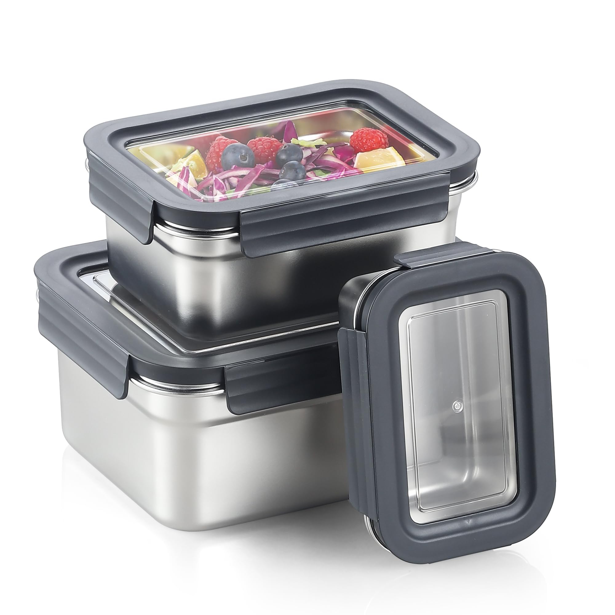 Food Storage Container with Lids, Stainless Steel Rectangular Leak Proof and Airtight for Kitchen Meal Prep freezer, Reusable and Stackable for Freezer Fridge Oven (450ML+1100ML+2500ML)