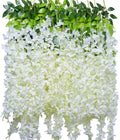 Artificial Flower 12 Pack White Wisteria 110cm Fake Flower Bushy Silk Vine Ratta Hanging Garland for Wedding Party Garden Outdoor Greenery Home Wall Deco Promenade Decoration (Milk White)