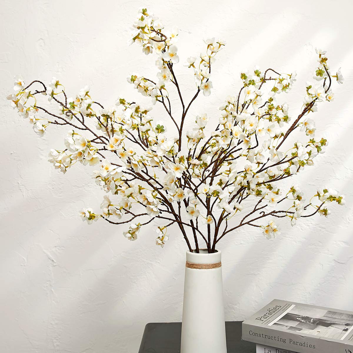 Artificial Flowers Faux Plum Cherry Blossom Branches Fake Long Flower Stems for Home Wedding Party Decoration (White, 4Pcs/Pack)