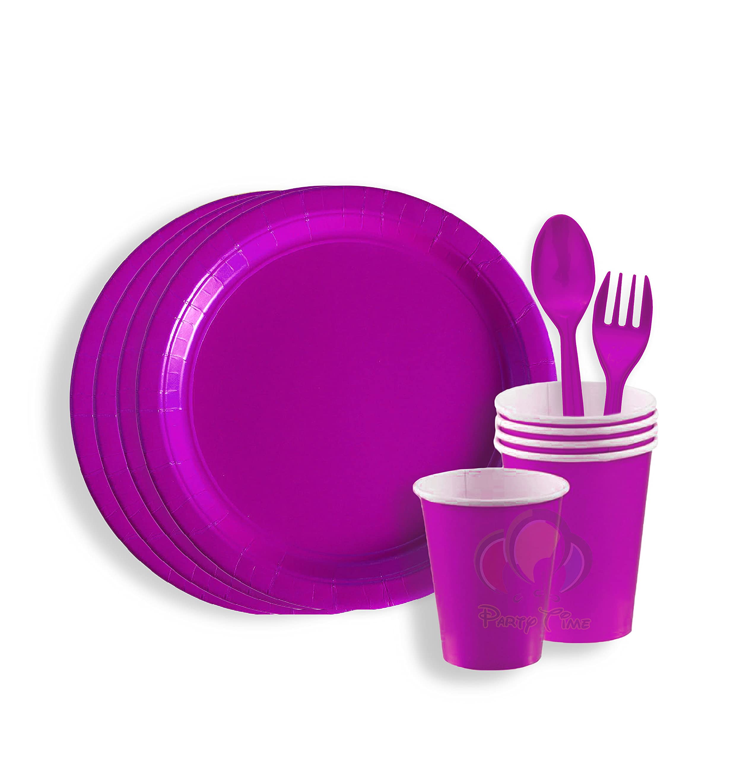 PARTY TIME - 24 Pieces Party Supplies Tableware Set Includes 6-9" Paper Dinner Plates 6-9 Oz Cups, 6-6" Spoon and 6-6" Forks for Plain Color Theme Disposable Birthday Dinnerware (Purple)