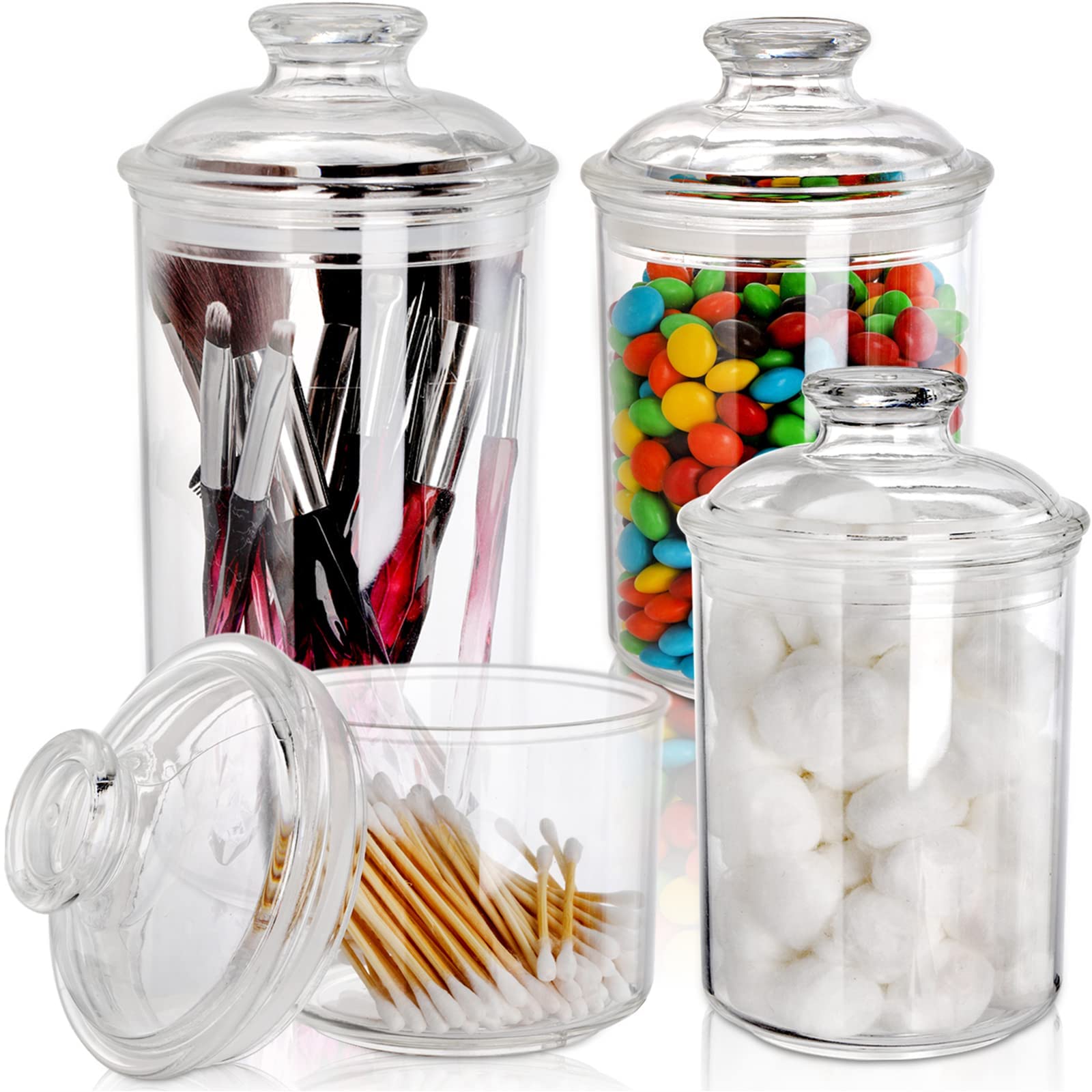 4 Pack Clear Plastic Apothecary Jars, Storage Canisters with Airtight Lids, Cotton Ball Holder for Bathroom, Candy, Cookie Organizer, for Bath Salt, Vanity, 33 Oz, 23 Oz, 13 Oz