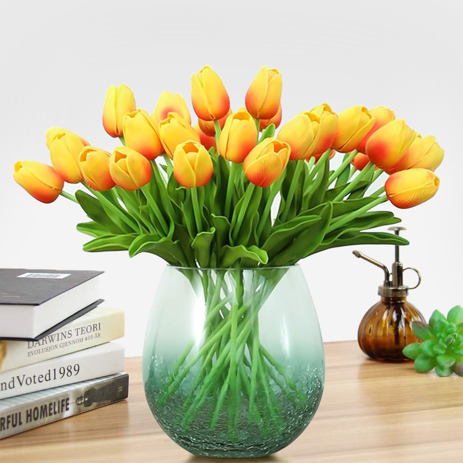 Artificial Flowers 30pcs Bouquet 14" Tall Real Touch Tulips, Orange PU Fake Tulips Flowers for Arrangement Wedding Party or Easter Spring Home Centerpiece Dining Room Office Table Decoration