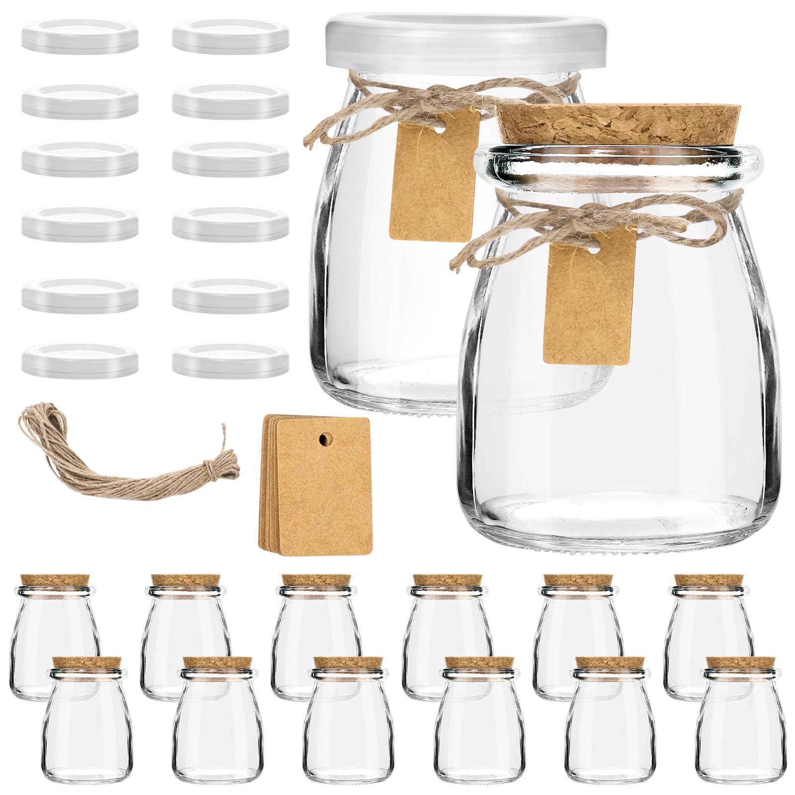 SKYLINK 12Pack 7oz Small Glass Jars with Cork & PE Lids – Yogurt Containers, Pudding, Jam, Candy, Cake Jars, Empty with Tags & Twine for DIY & Gifts