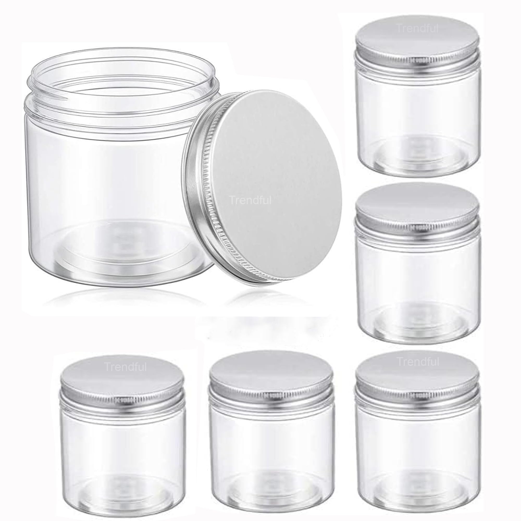 Trendful 6 Pack 250ml/8oz Clear Plastic Cosmetic Jars with Silver Aluminum Lids, Reusable Empty Containers for Creams, Lotions, Spices, DIY Crafts, Food Storage, Travel & Organization