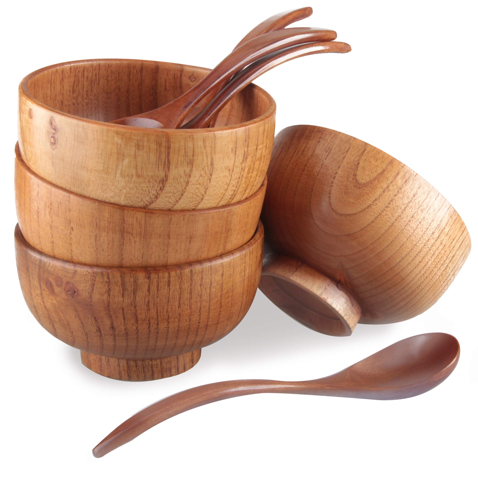 Handmade Wood Bowls, Jujube Wooden Japanese Bowls with Matching Spoon for Rice, Soup, Dip, Salad, Tea, Decoration 4 Sets (4 Bowls 4.2 IN + 4 Spoons)
