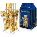 24Pcs Gold Silverware Set with Stand Stainless Steel Flatware for 6, Includes Knife Fork & Spoon Hanging Cutlery Set Dishwasher Safe Ideal for Home Camping and Parties (Gold)