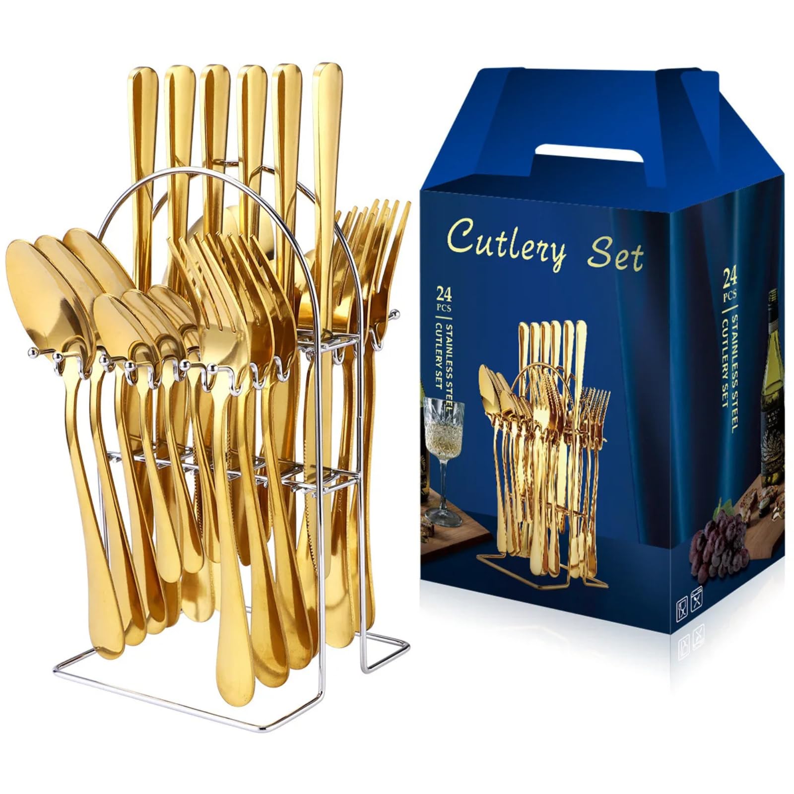 24Pcs Gold Silverware Set with Stand Stainless Steel Flatware for 6, Includes Knife Fork & Spoon Hanging Cutlery Set Dishwasher Safe Ideal for Home Camping and Parties (Gold)