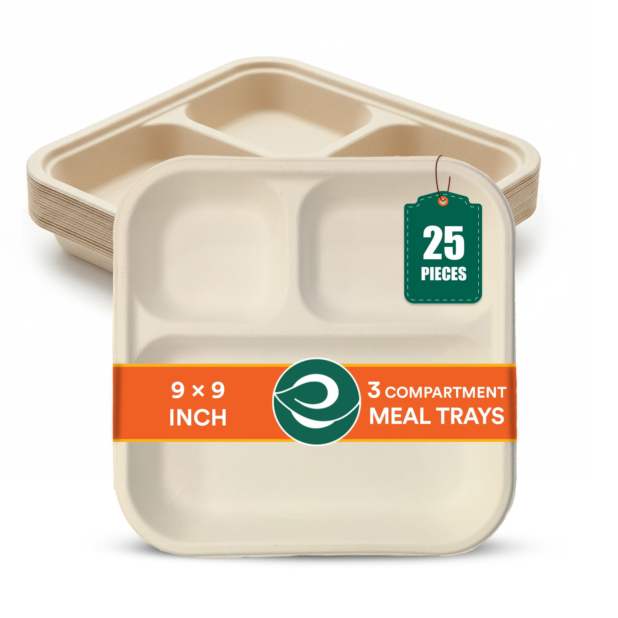 ECO SOUL [3-Compartment, 25 Count] Disposable Meal Tray | Compostable Bagasse Plates | Eco-Friendly Biodegradable Dinner Plates | Party, Wedding, Event Plates, Beige