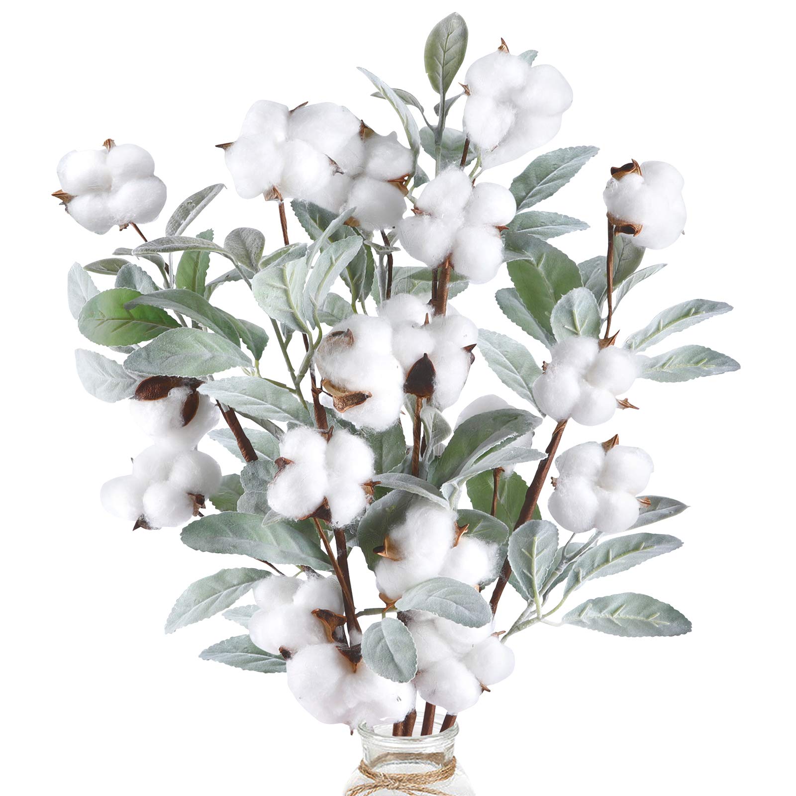 5pcs Cotton Stems 23.5" Artificial Cotton Flower Branches with Lambs Ear Leaves for Fall Home Farmhouse Style Floral Wedding Decoration
