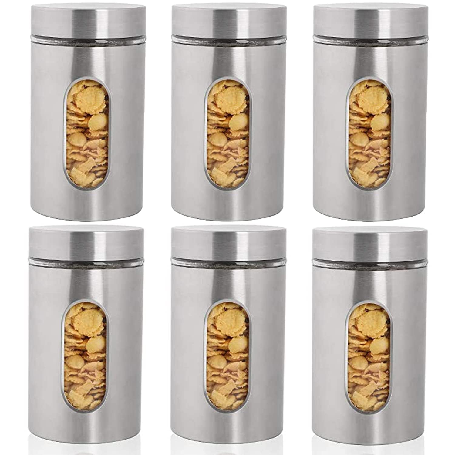 GGEROU Stainless Steel Food Storage Canister Sets with Glass Visible Window & Airtight Lids,Set of 6 Airtight Sugar Coffee Tea Candy Storage Jars?Food Storage Containers Grain Storage Tank (M?950ml)