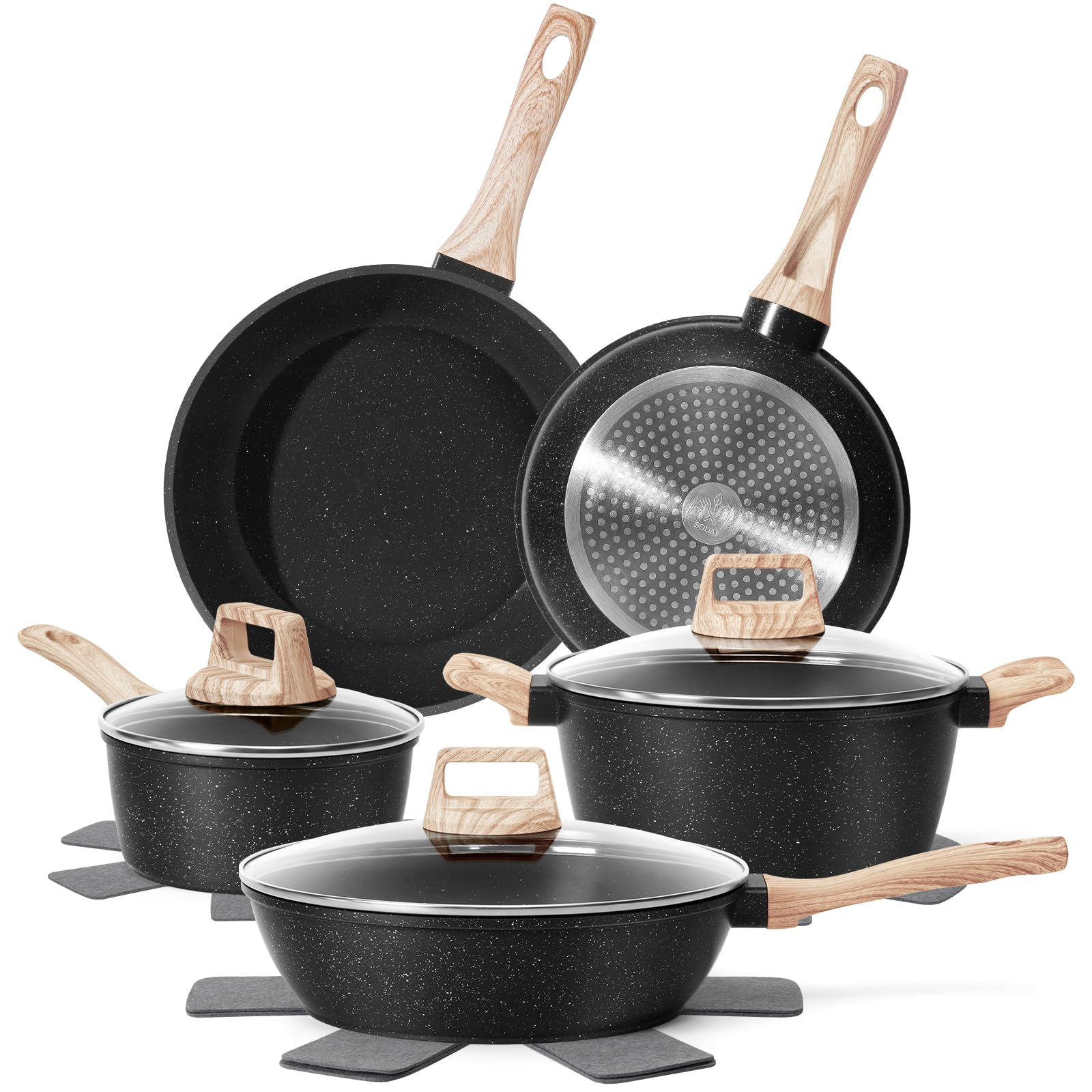 12pcs Pots and Pans Set Non Stick Kitchen Cookware Sets Induction Cookware Nonstick Granite Cooking Set with Frying Pans, Saucepans, Steamer Silicone Shovel Spoon & Tongs (Black)