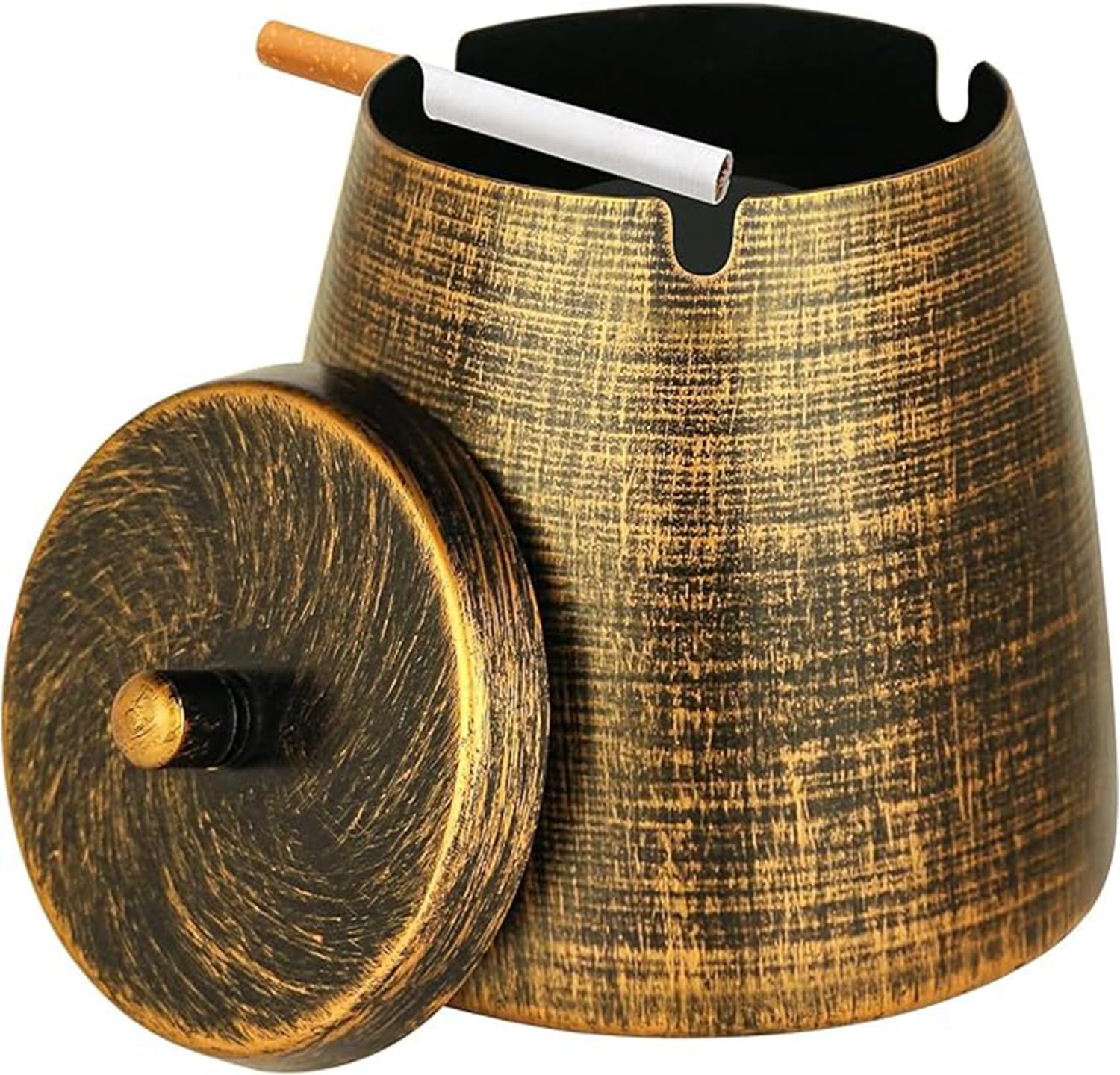 Ashtray with Lid for Cigarette, Windproof Ashtray, Smokeless Odorless Metal Ashtrays for Home Office Patio Balcony Indoor Outdoor Desktop Ash Tray (Bronze)
