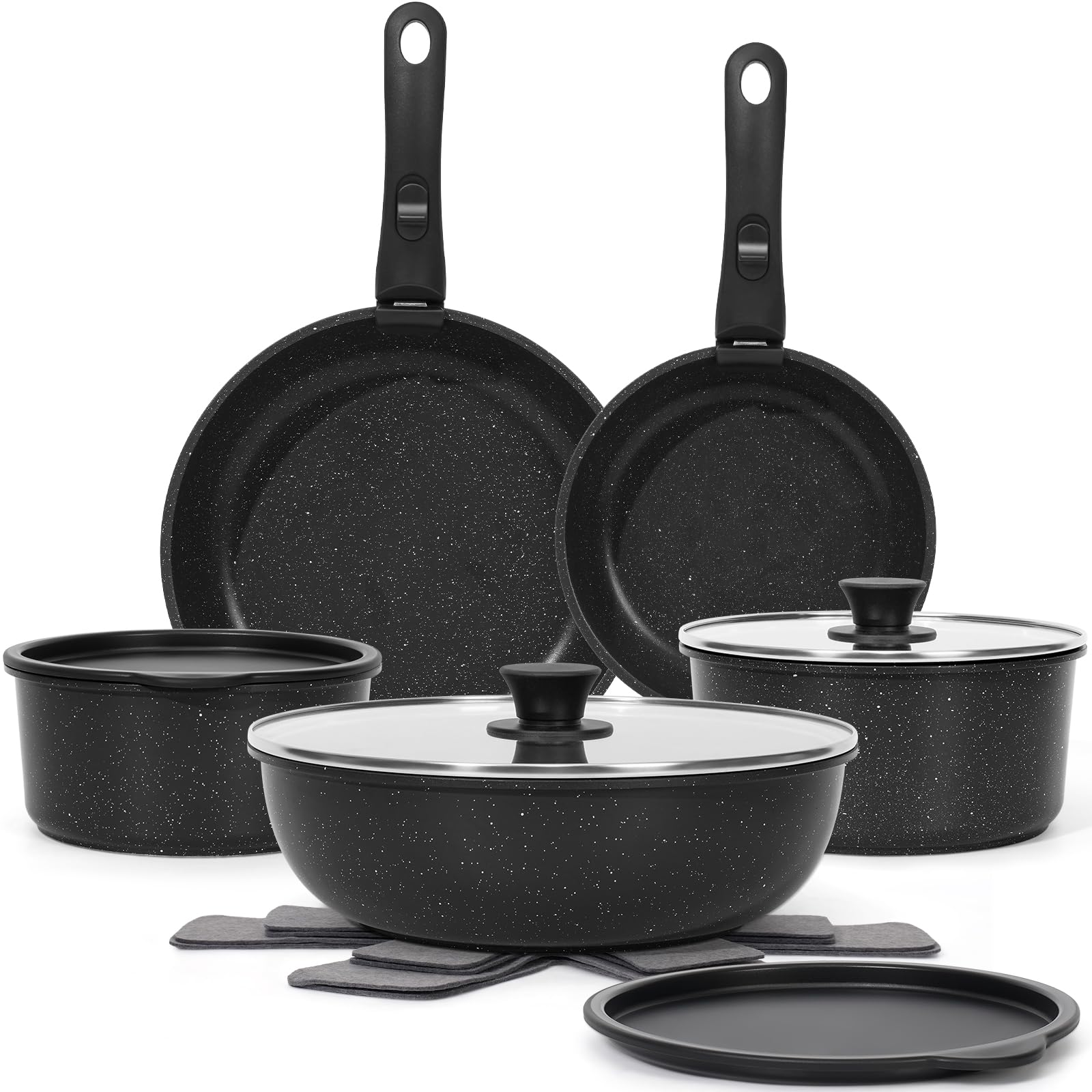 15Pcs Pots and Pans Set Non Stick, Cookware Sets with Detachable Handle, Nonstick RV Kitchen Cooking Set Removable Handles, Oven Safe, Induction Fast, Stackable Non-Stick Set, Black