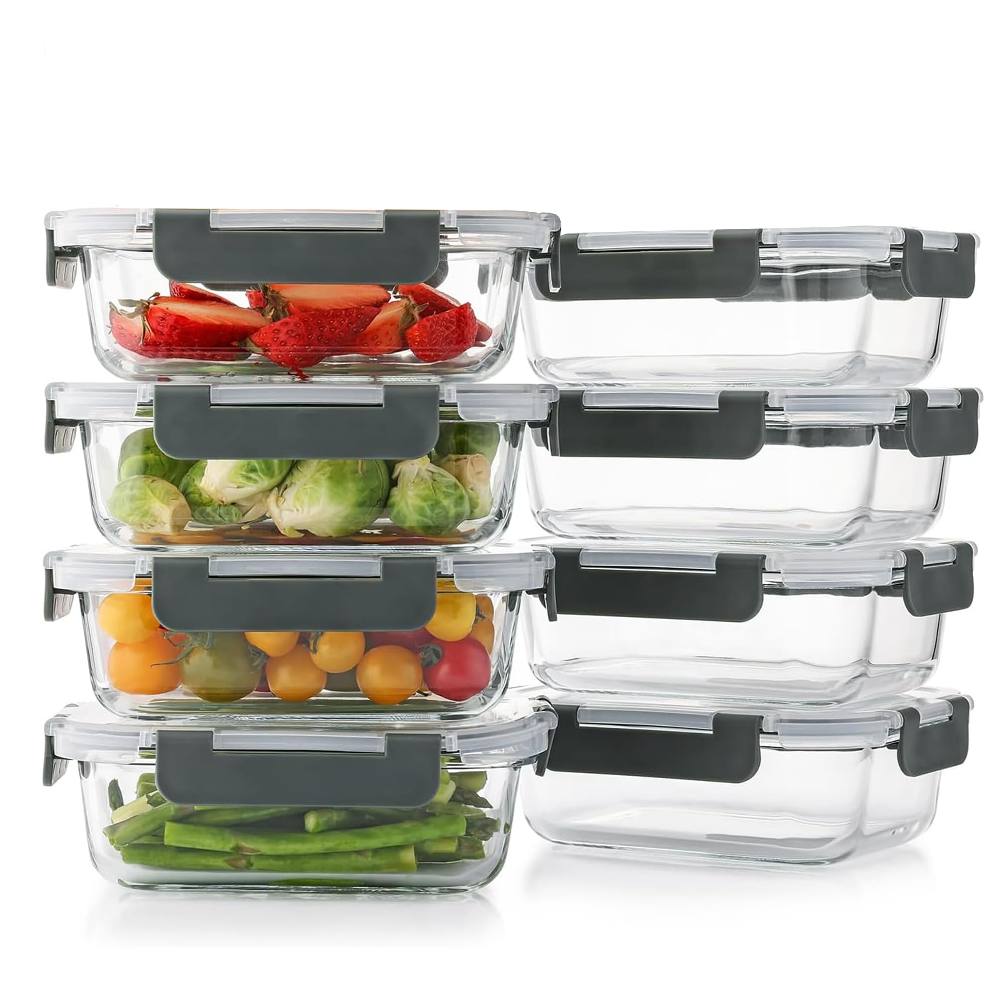 8 Pack Glass Food Storage Containers, Airtight Meal Prep Container Set with Lids, Leakproof Kitchen Organization, Microwave Oven Freezer Safe, 35oz & 12.5oz, Translucent