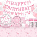 121-Piece Pink Bow Birthday Party Supplies Kit for Girls – Disposable Tableware Set Includes Plates, Napkins, Cups, Cutlery, Banner & Balloons, Perfect for Bachelorette & Birthday Celebration