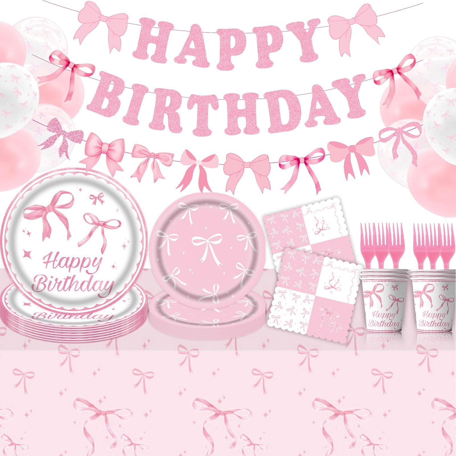 121-Piece Pink Bow Birthday Party Supplies Kit for Girls – Disposable Tableware Set Includes Plates, Napkins, Cups, Cutlery, Banner & Balloons, Perfect for Bachelorette & Birthday Celebration
