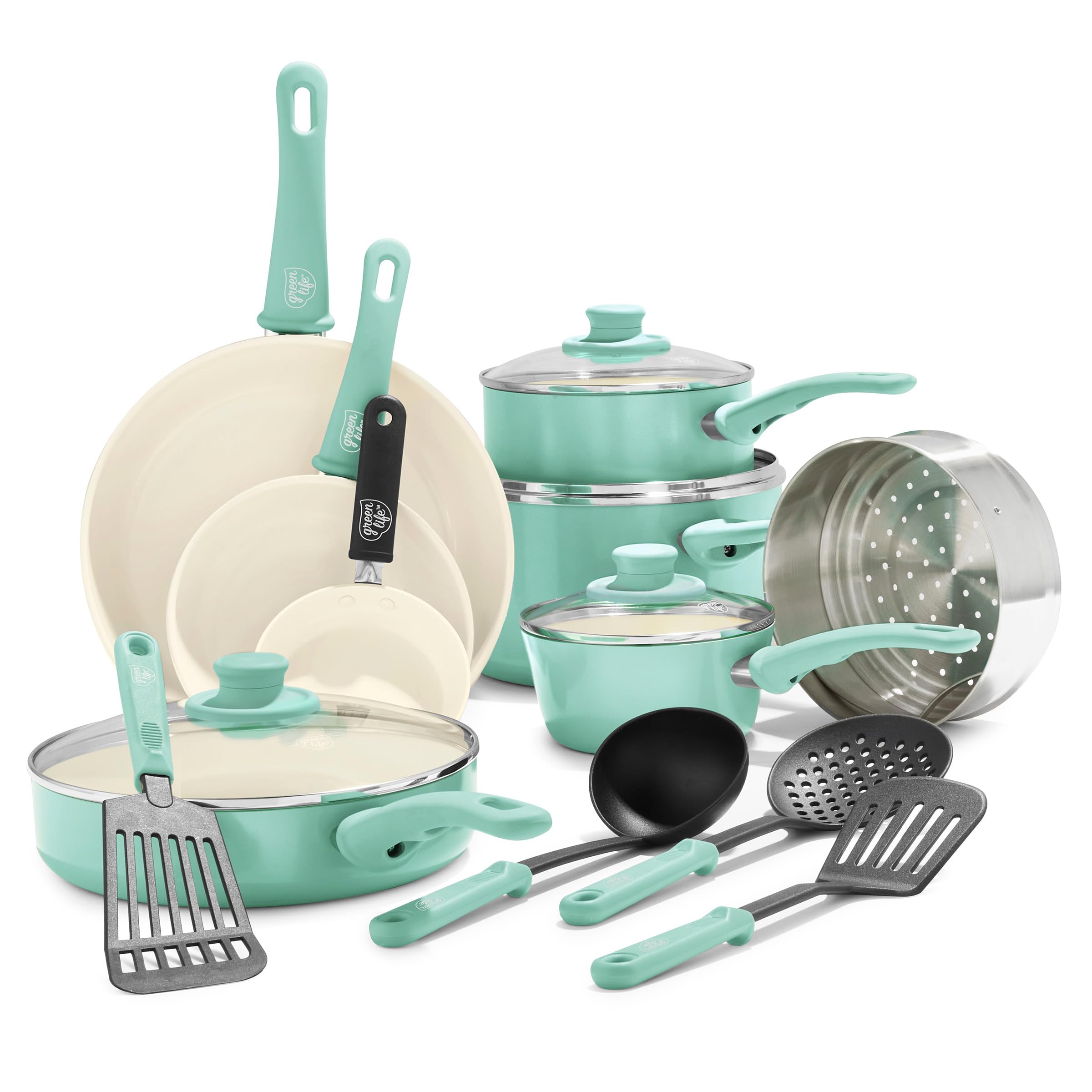 GreenLife Soft Grip Healthy Ceramic Nonstick, Cookware Pots and Pans Set, 16 Piece, Turquoise