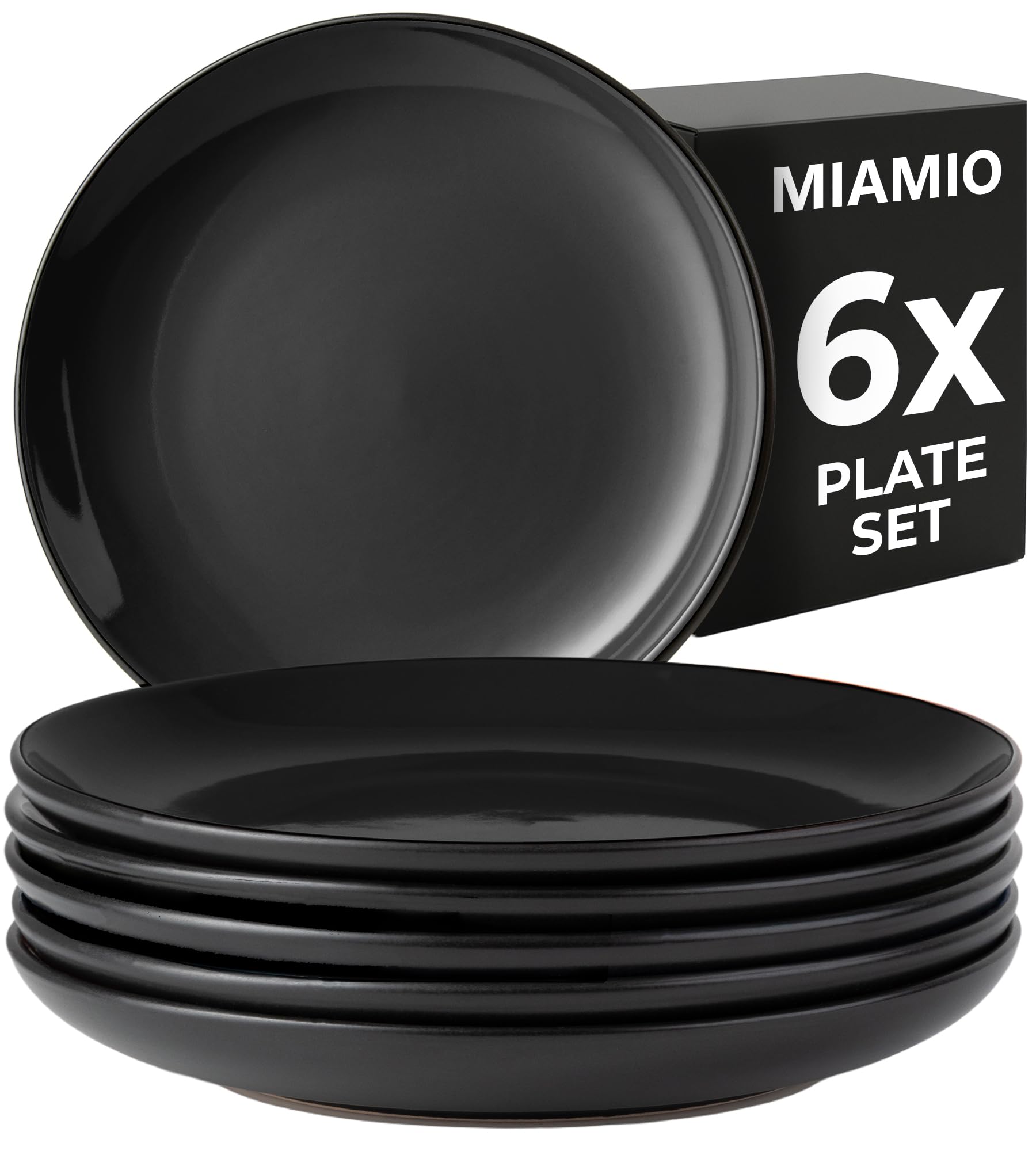 MIAMIO – 6 x Plate/Dinner Plate Set Stoneware Ceramic Tableware Set - Le Papillon Collection (Black, 21 cm)