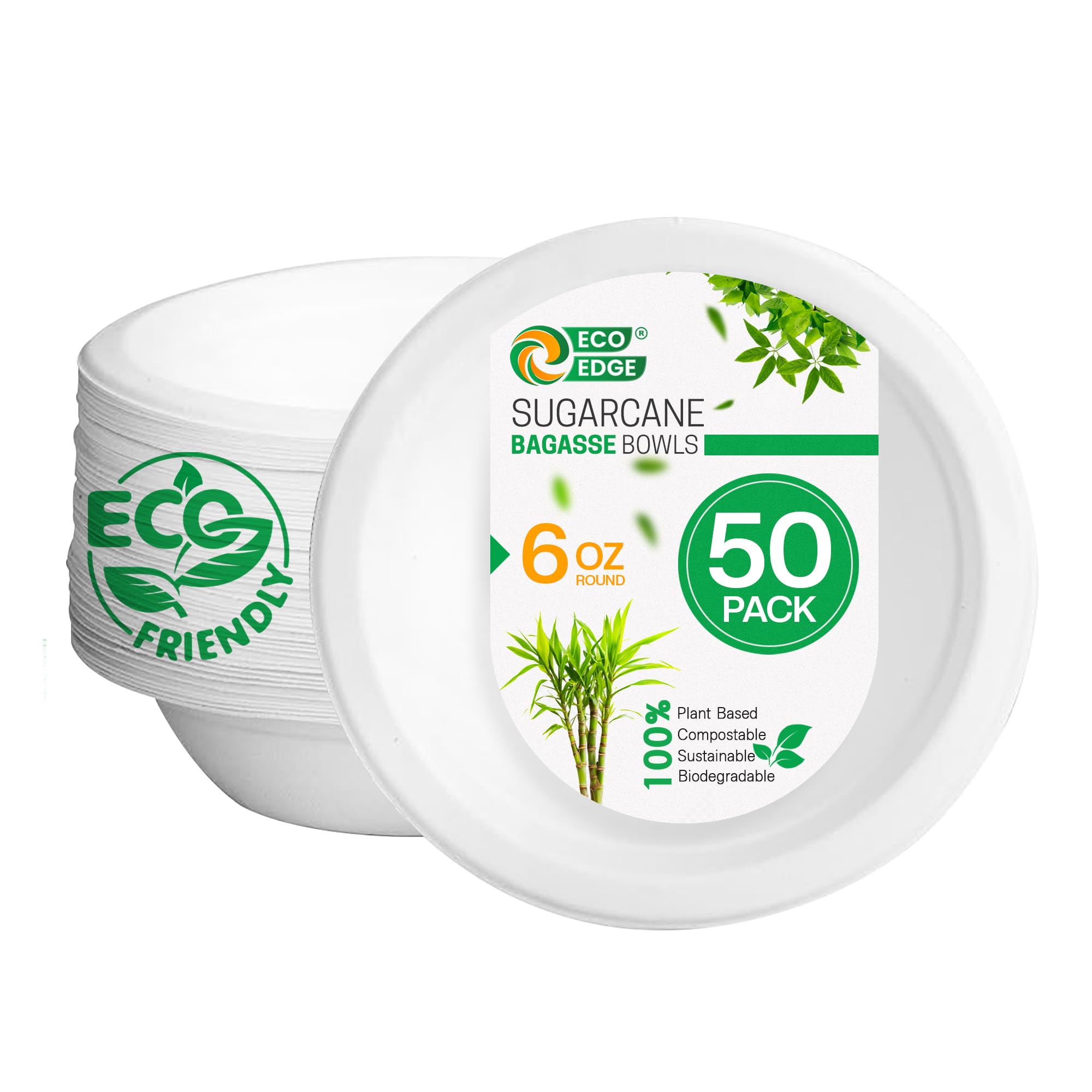EcoEdge 6 Oz Round White Disposable Sugarcane Bagasse Bowls (Pack of 50) | Natural, Compostable, Sustainable, Bagasse Paper Pulp | Heavy Duty, BPA and Chemical Free Tableware | 100% Eco-Friendly